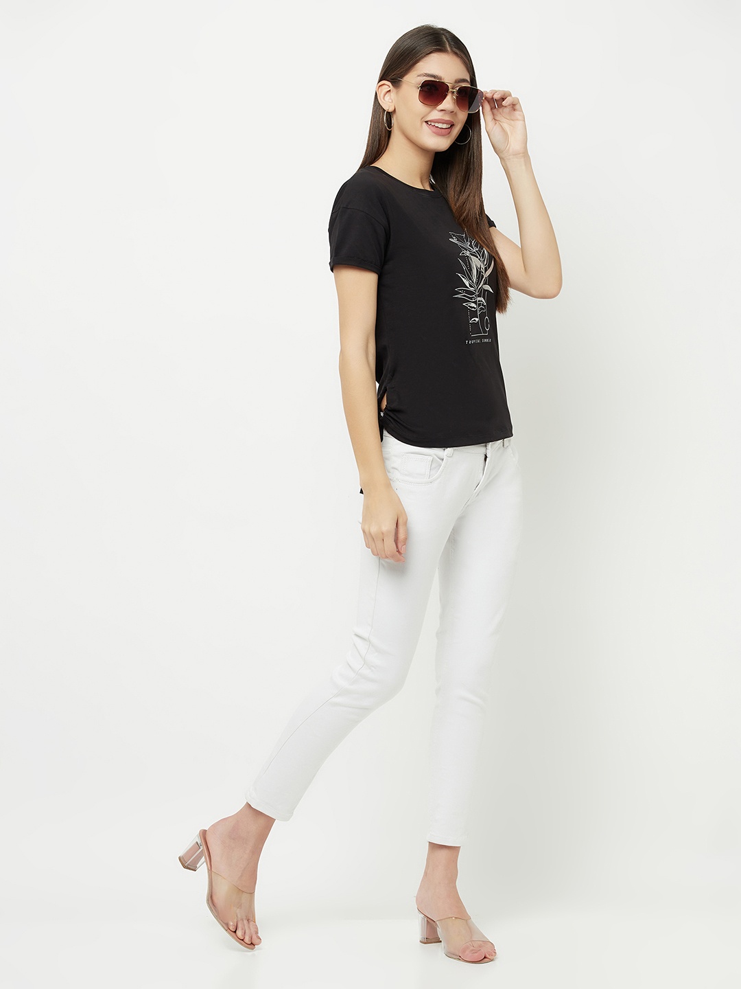 

Crimsoune Club Women Black Printed Drop-Shoulder Sleeves Slim Fit T-shirt