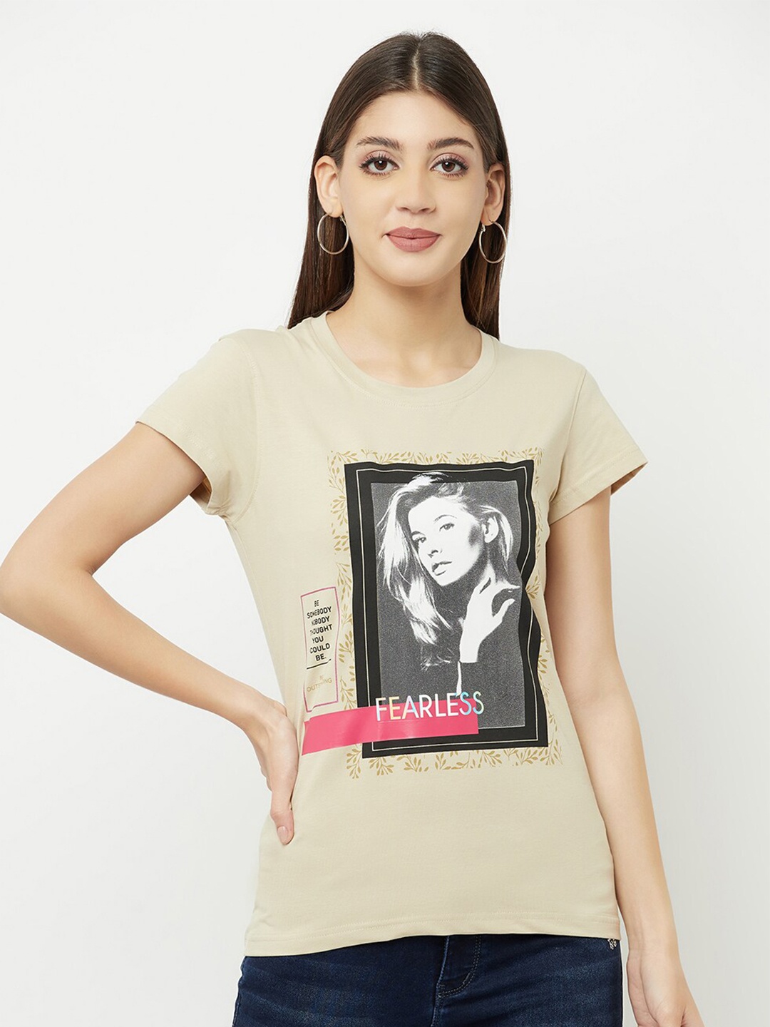 

Crimsoune Club Women Beige Printed Slim Fit Cotton T-shirt