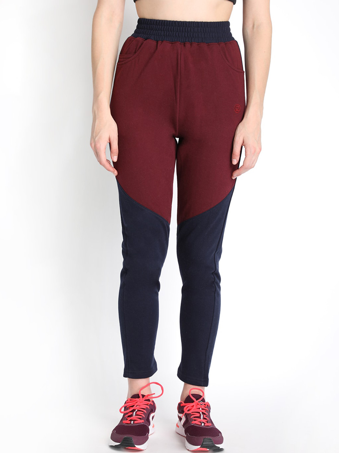 

CHKOKKO Women Maroon & Navy Blue Color-Blocked Slim Fit Track Pants