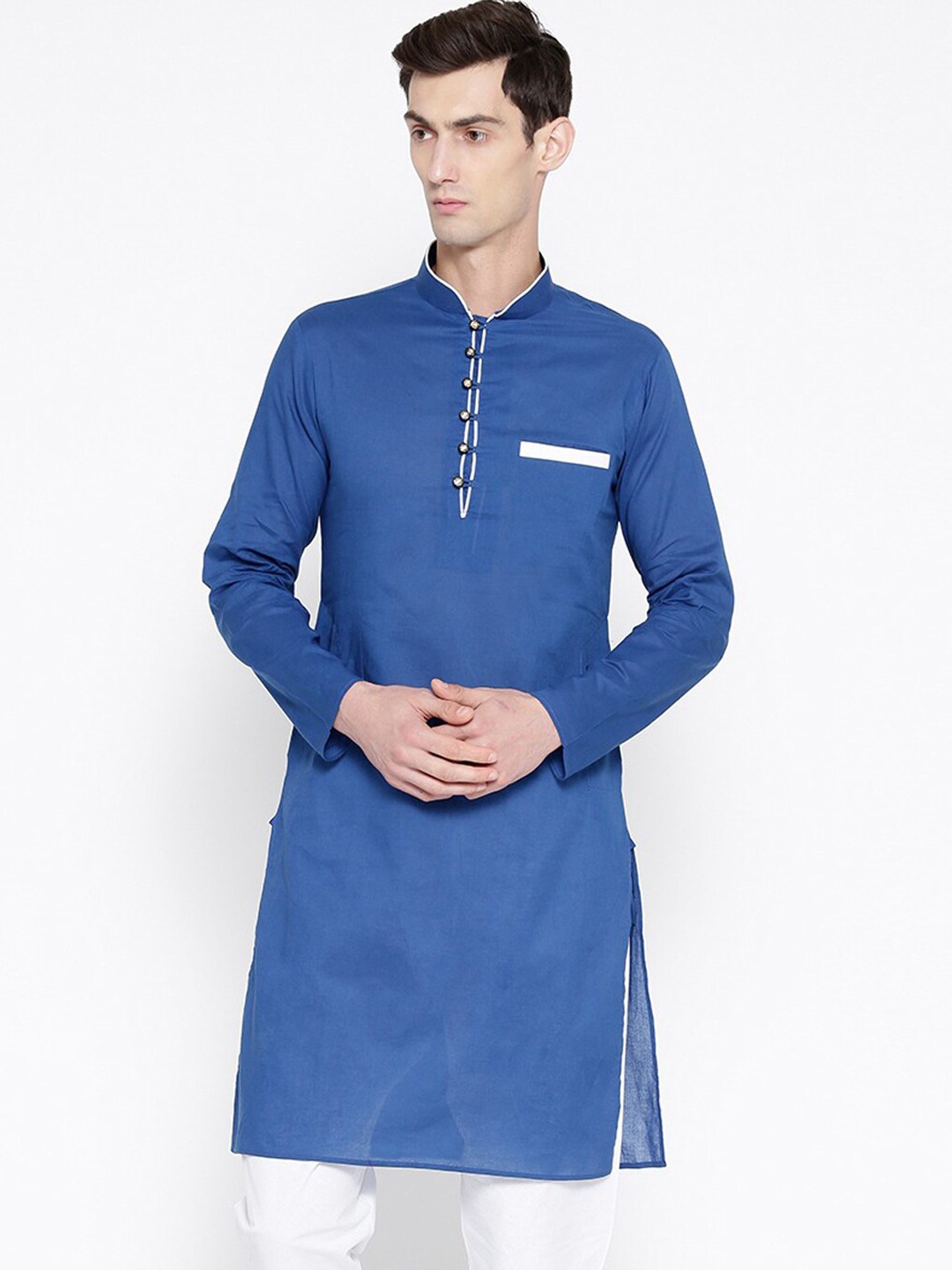 

SG LEMAN Men Blue Solid Mandarin Collar Regular Kurta