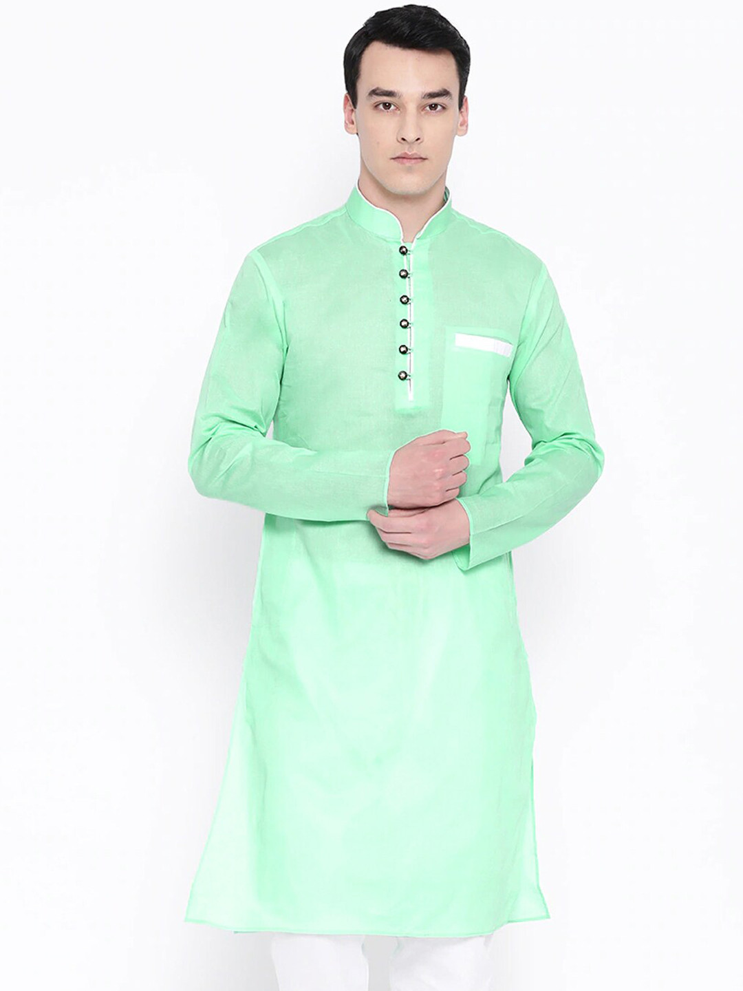 

SG LEMAN Men Sea Green Solid Mandarin Collar Regular Kurta