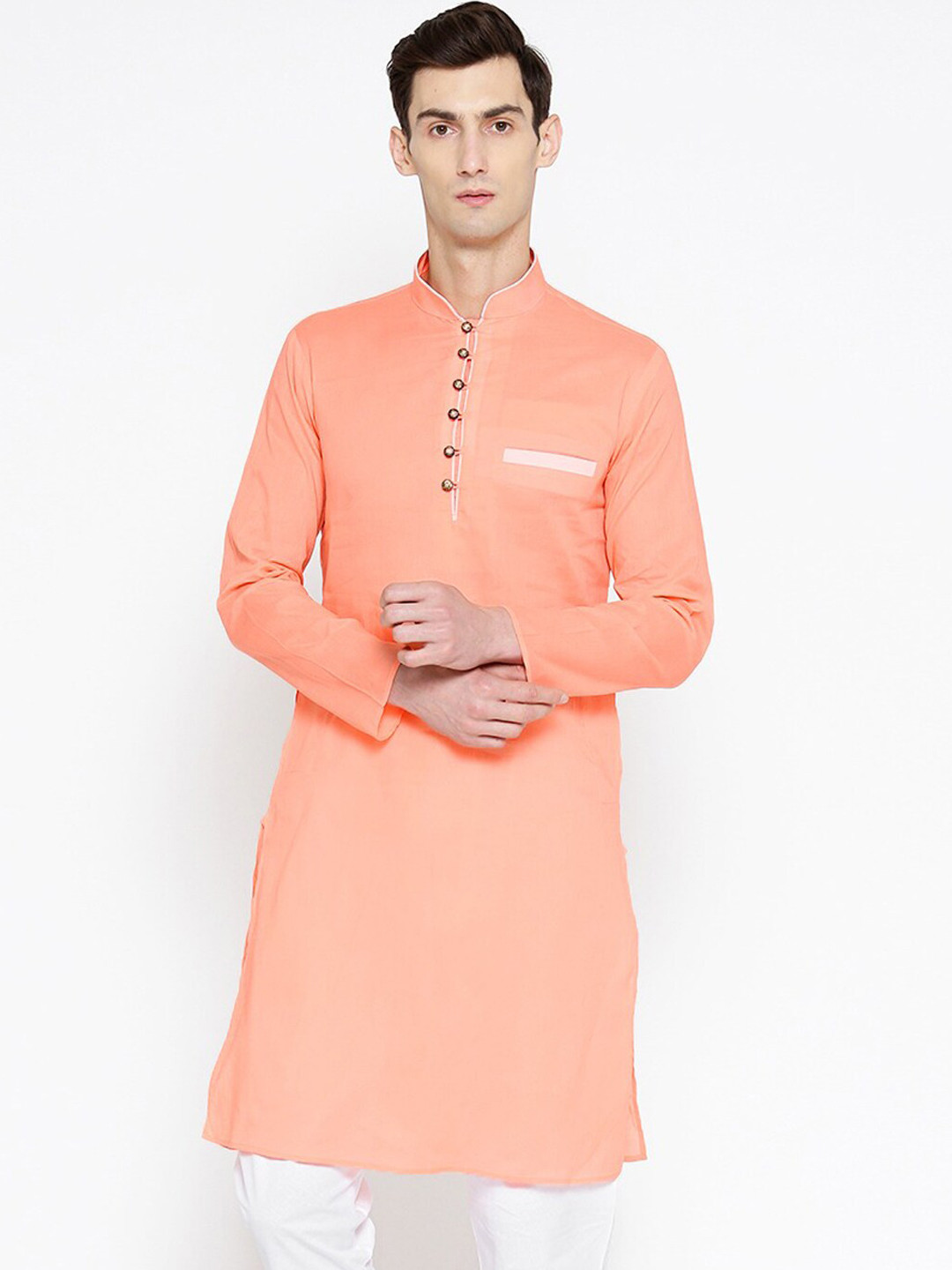 

SG LEMAN Men Peach-Coloured Solid Mandarin Collar Kurta