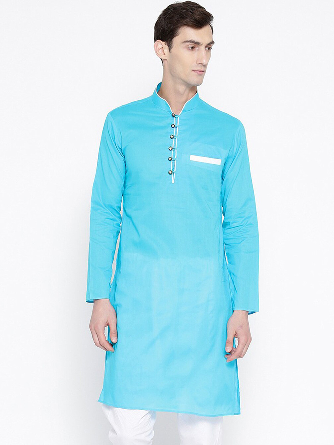 

SG LEMAN Men Blue Solid Thread Work Mandarin Collar Straight Kurta