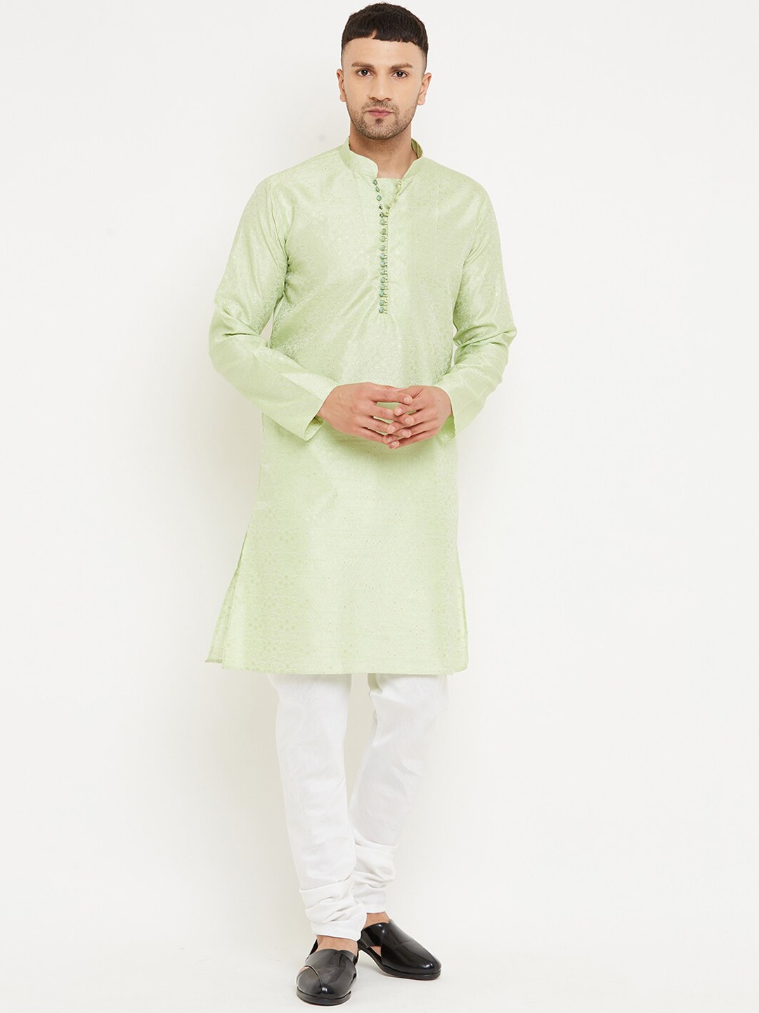 

Armaan Ethnic Men Green Printed Pure Silk Kurta with Churidar