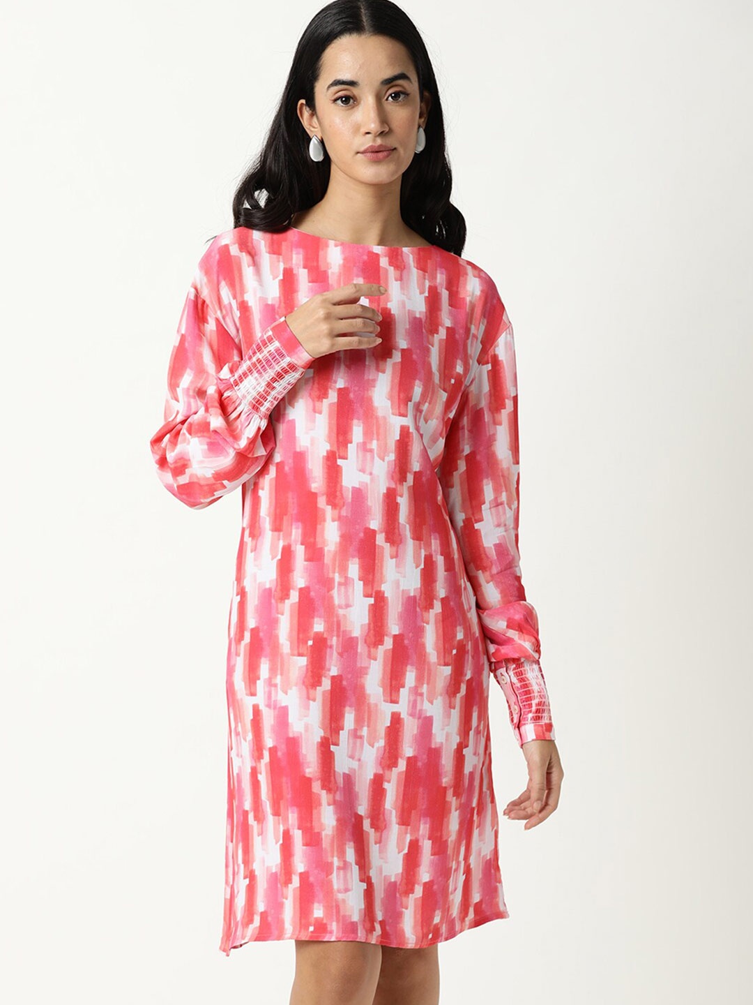 

RAREISM Pink & White Printed Boat Neck A-Line Dress