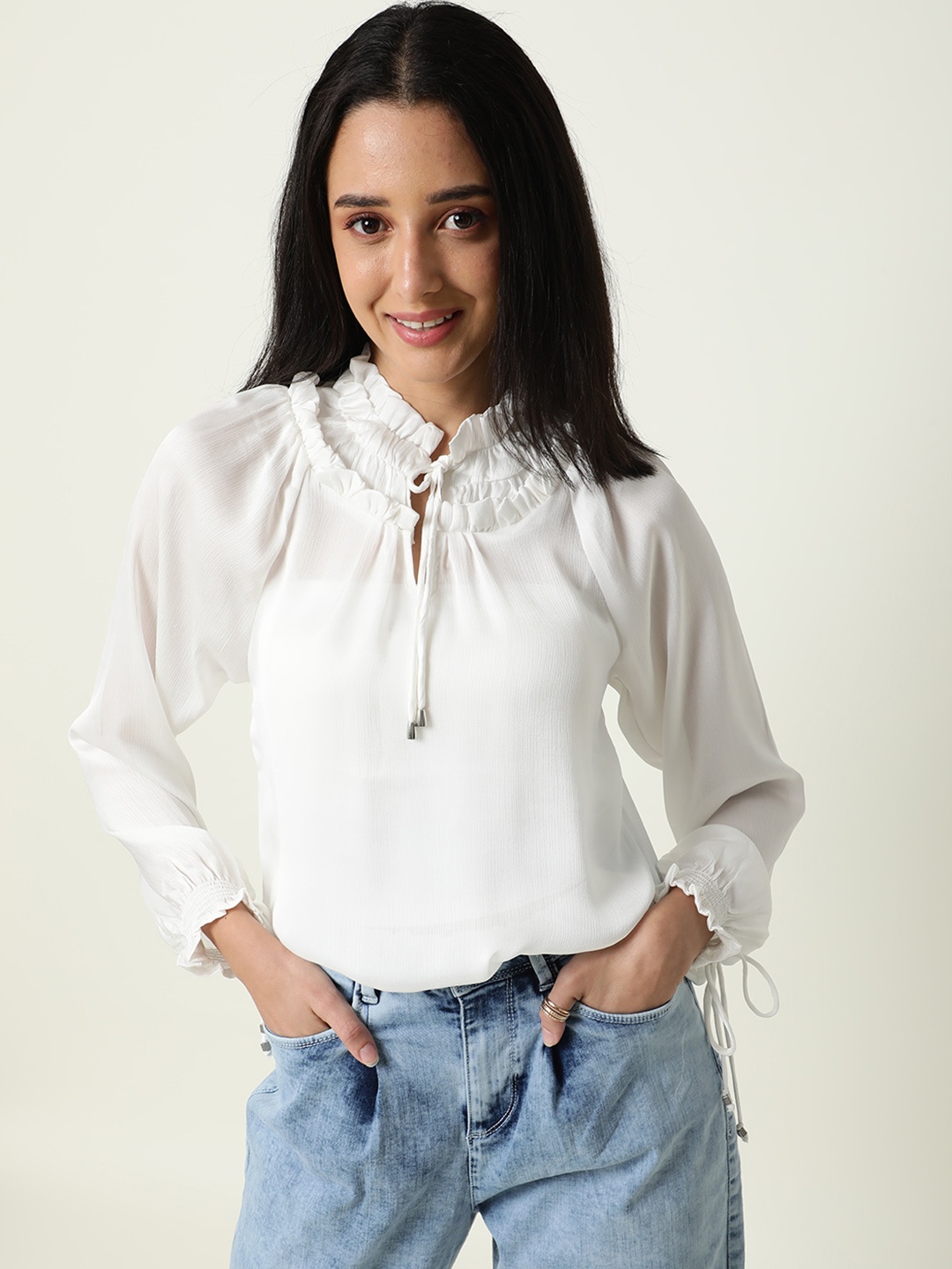 

RAREISM White Solid Tie-Up Neck Ruffles Top