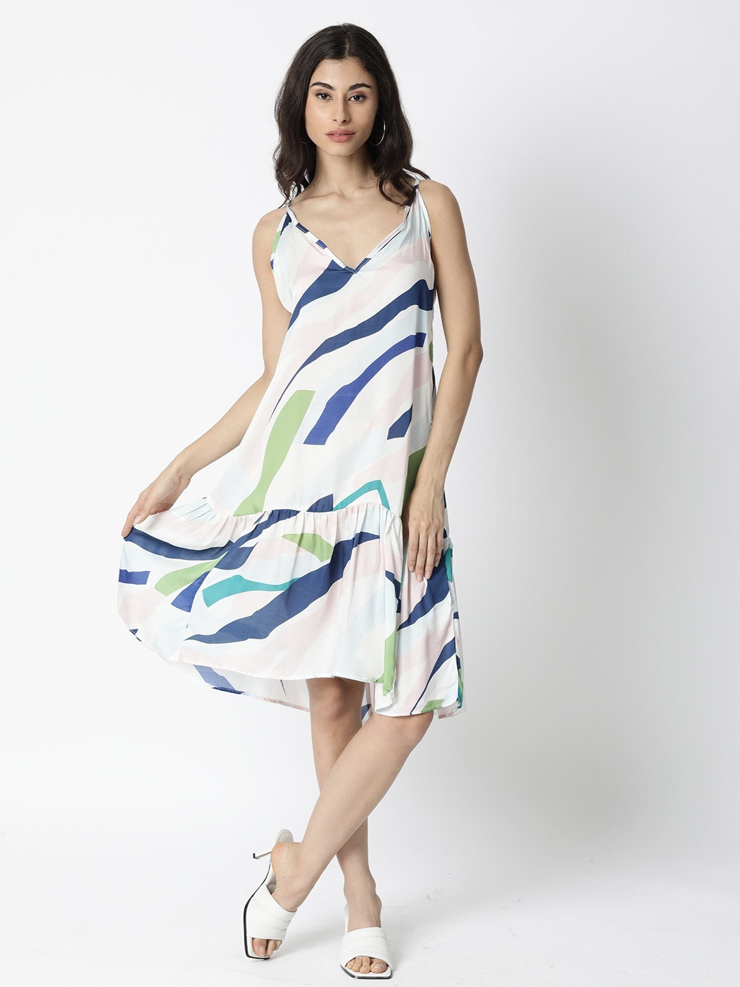 

RAREISM White & Blue Abstract Printed V-Neck Drop-Waist Dress