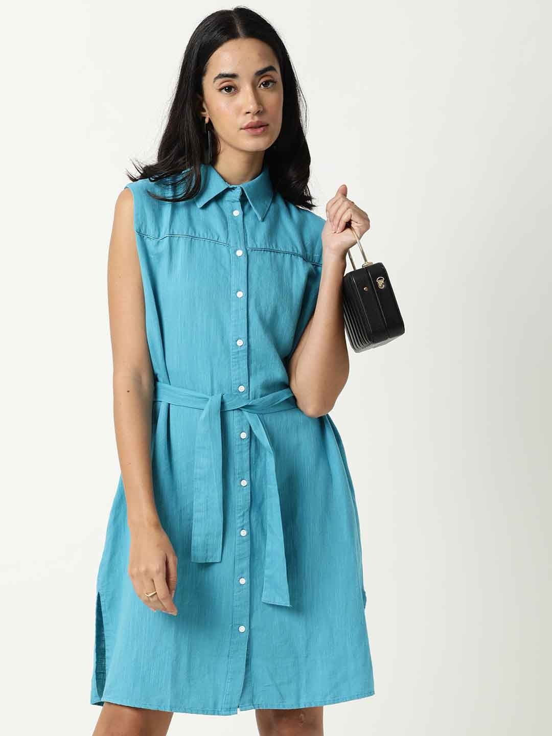 

RAREISM Blue Solid Shirt Collar Sleeveless Shirt Dress