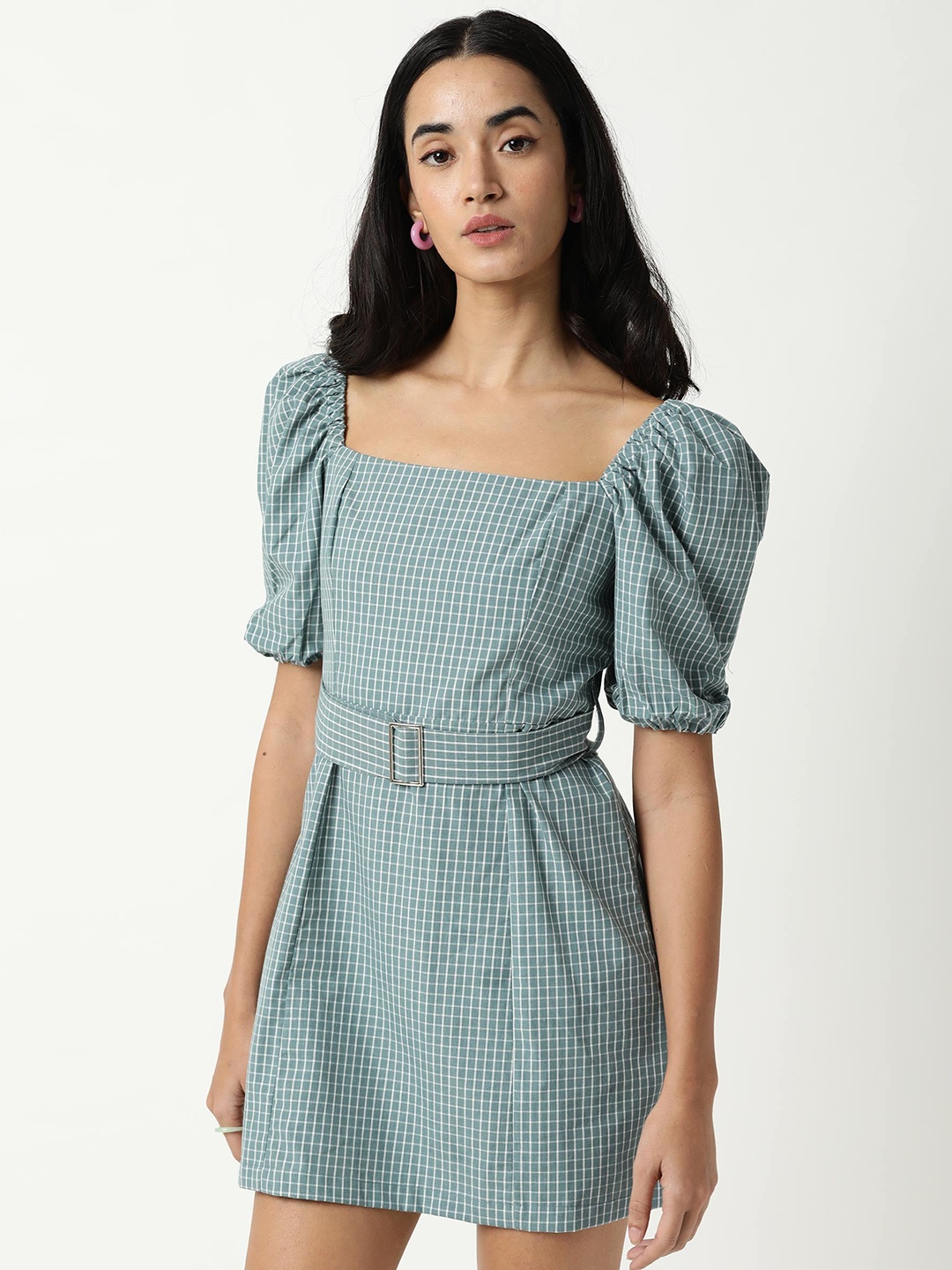 

RAREISM Green & White Checked Sheath Mini Dress