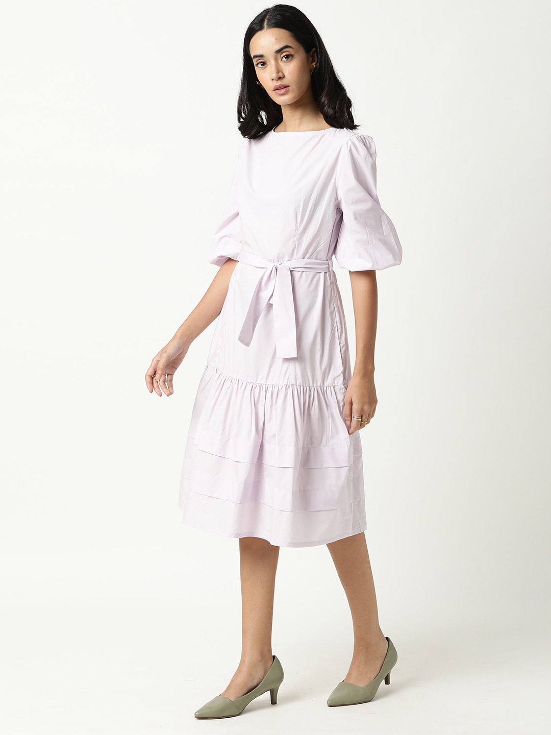 

RAREISM White Solid A-Line Midi Dress