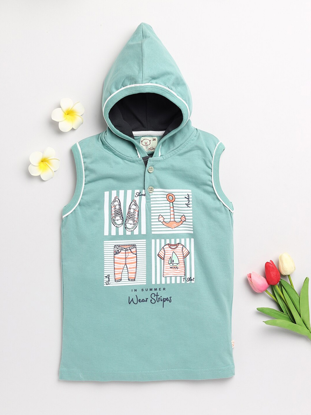 

Olio Kids Boys Green Printed Hooded Neck Sleeveless T-shirt
