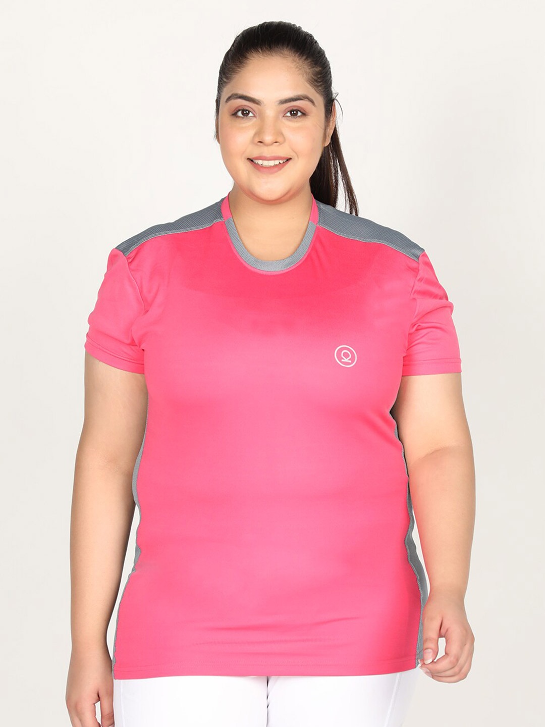 

CHKOKKO Plus Women Pink Grey Colourblocked Round Neck T-shirt