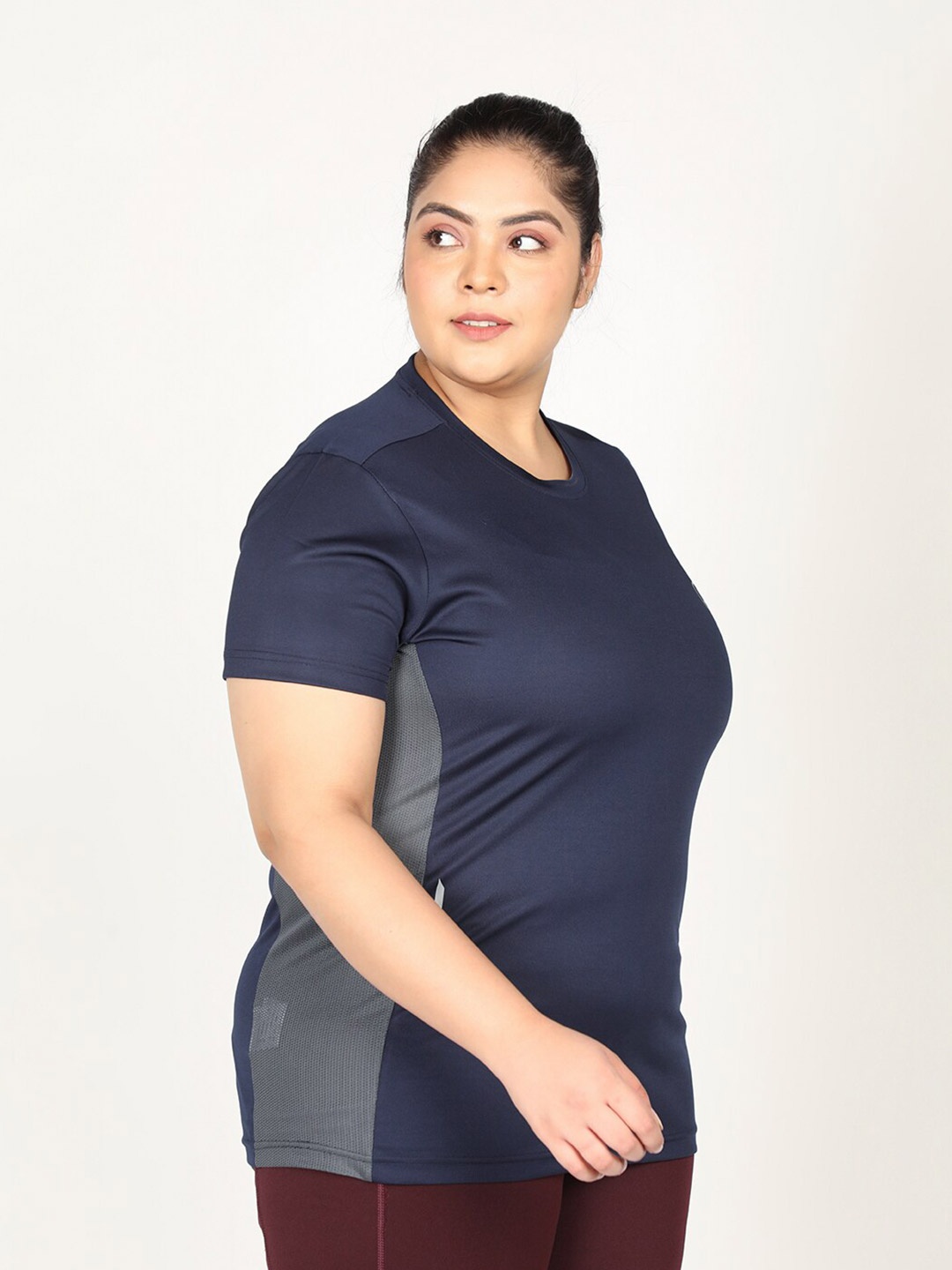 

CHKOKKO Plus Women Navy Blue Grey Round Neck T-shirt