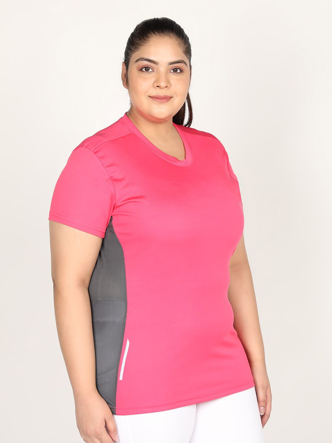 

CHKOKKO Plus Women Pink Grey Round Neck T-shirt