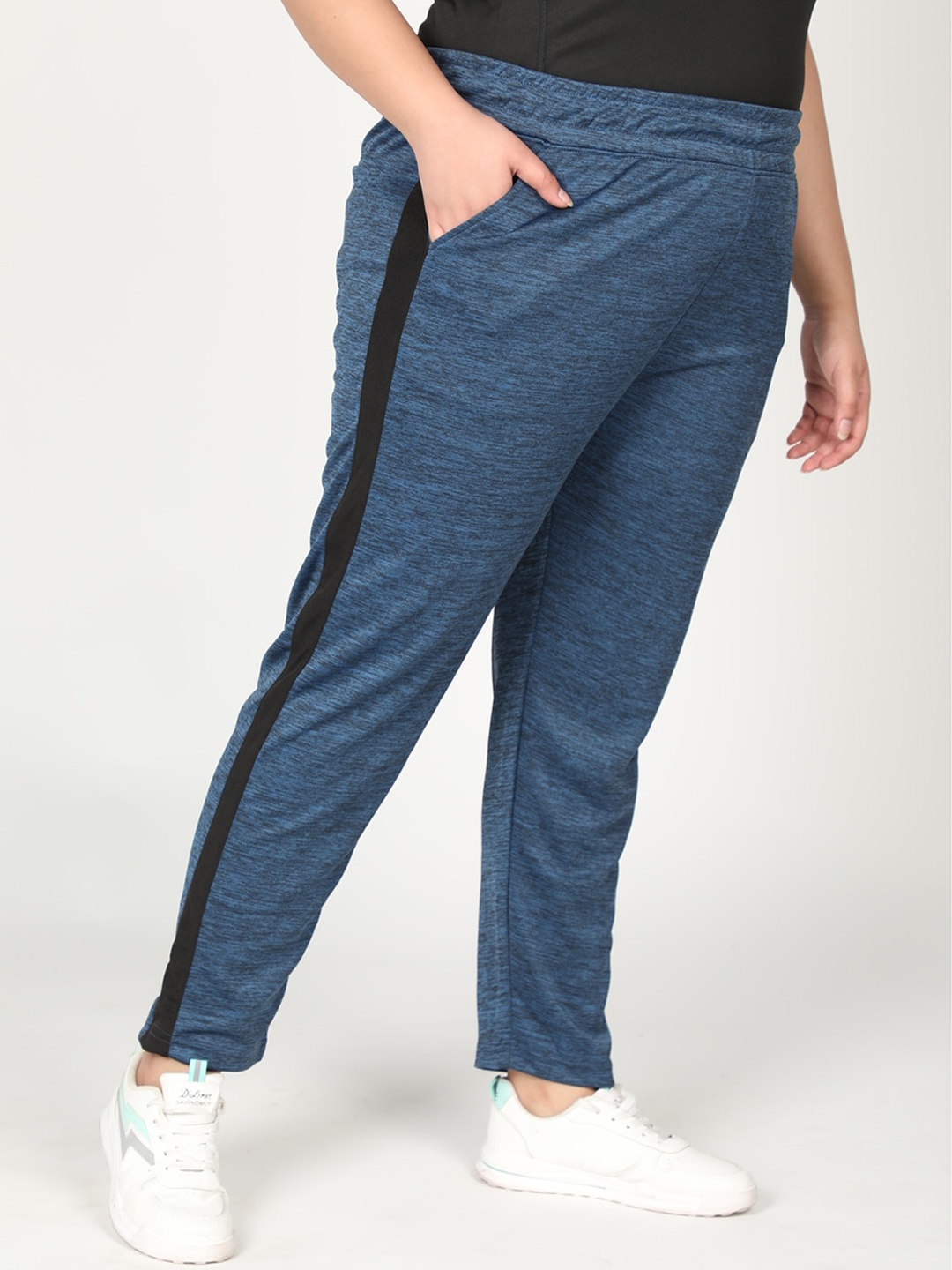 

CHKOKKO Plus Women Navy Blue Solid Track Pants