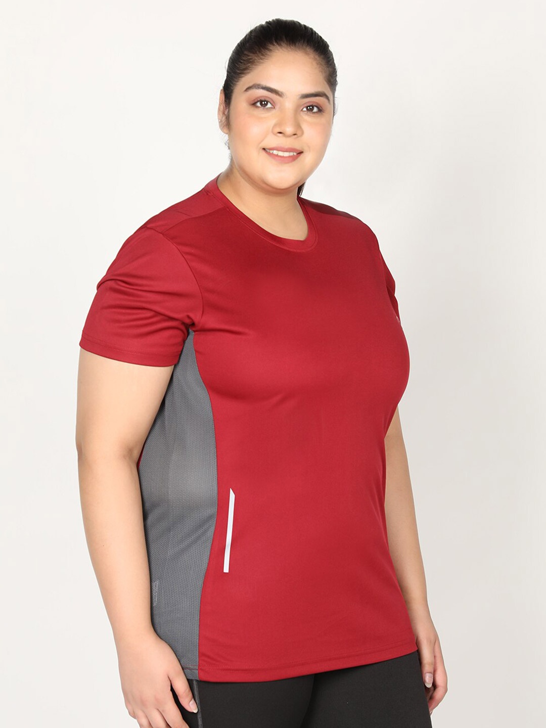 

CHKOKKO Plus Women Red Grey Round Neck Regular Fit T-shirt