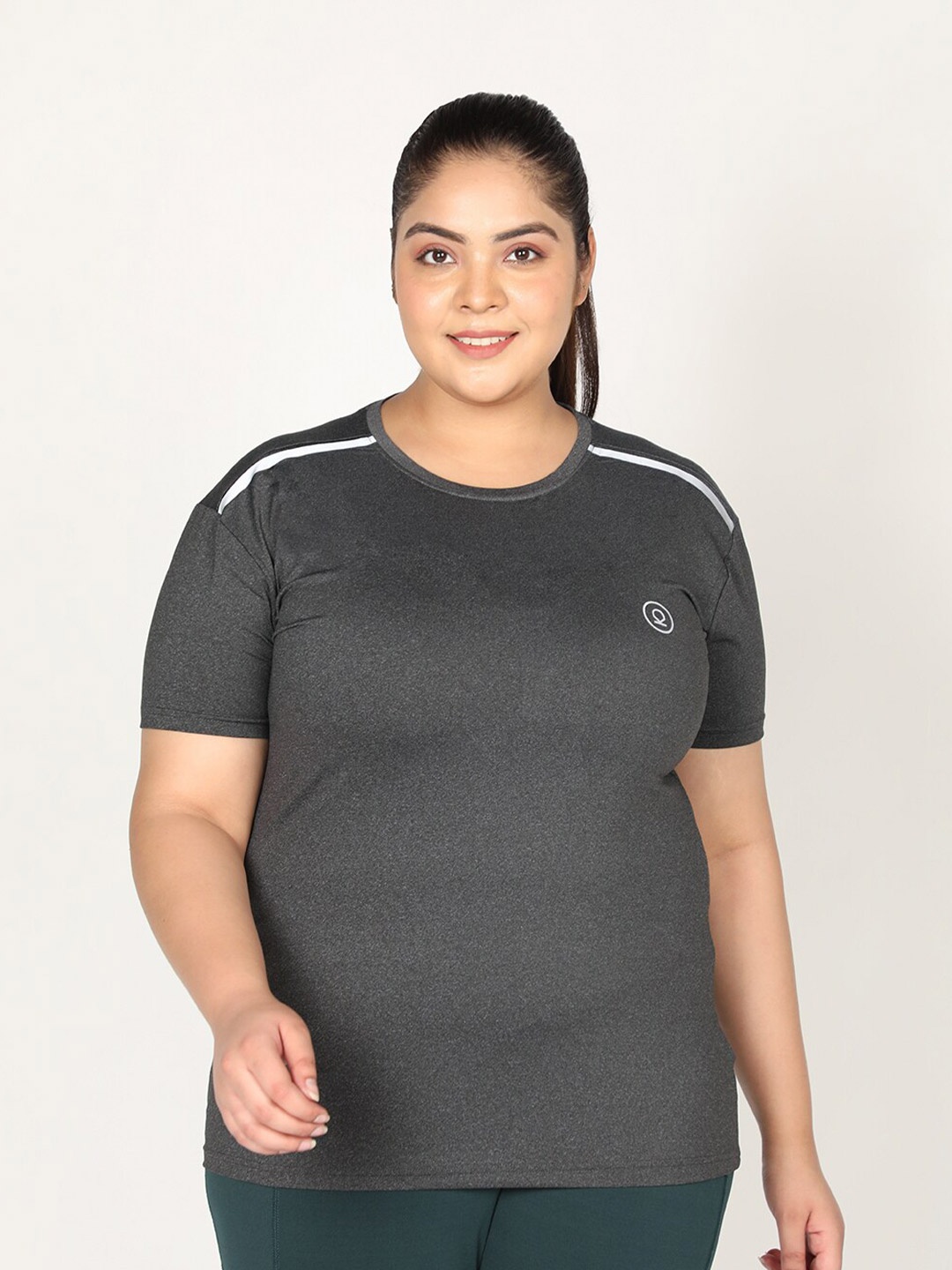 

CHKOKKO Plus Women Charcoal Solid Round Neck Regular Fit T-shirt