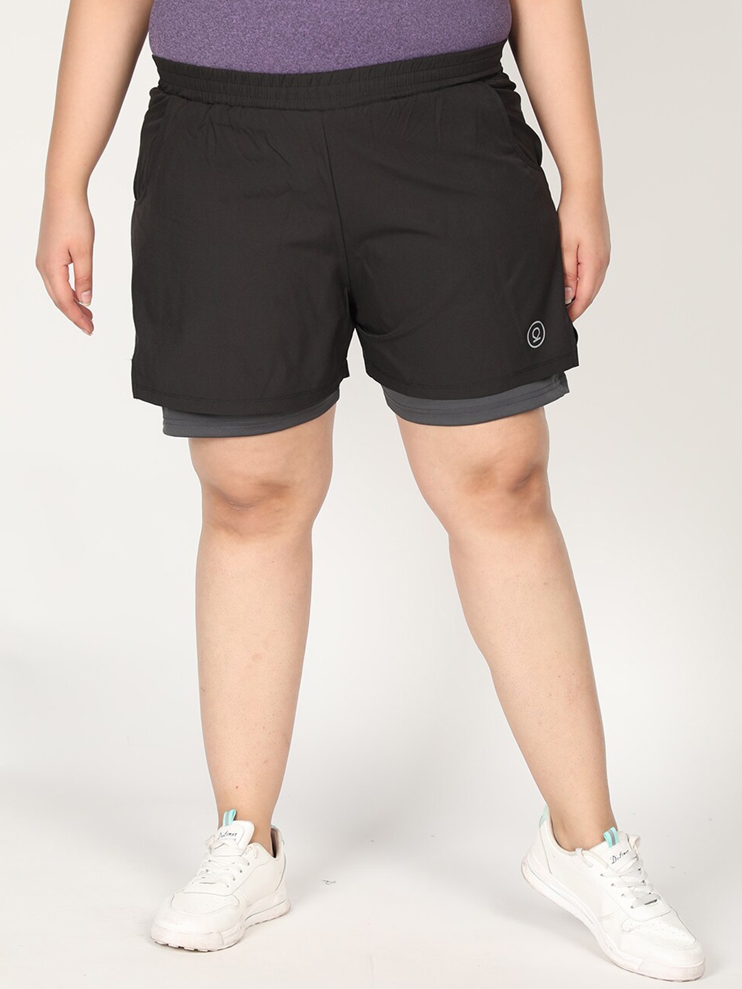 

CHKOKKO Plus Women Black Solid Regular Fit Training or Gym Sports Shorts