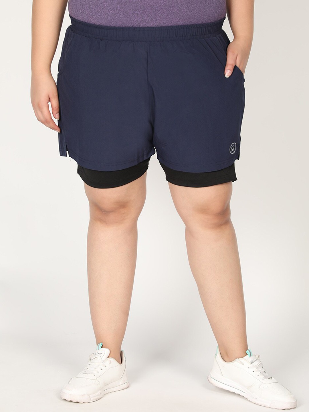 

CHKOKKO Plus Women Navy Blue Solid Regular Fit Training or Gym Shorts