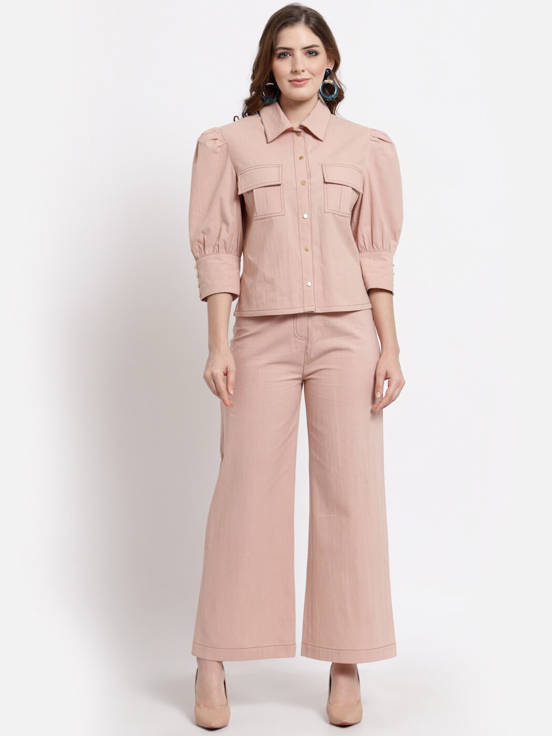 

BLANC9 Spread Collar Shirt With Trouser Co-Ords Set, Peach