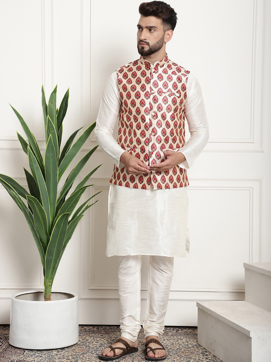 

SOJANYA Men Cream-Coloured Floral Printed Layered Kurta with Dhoti Pants