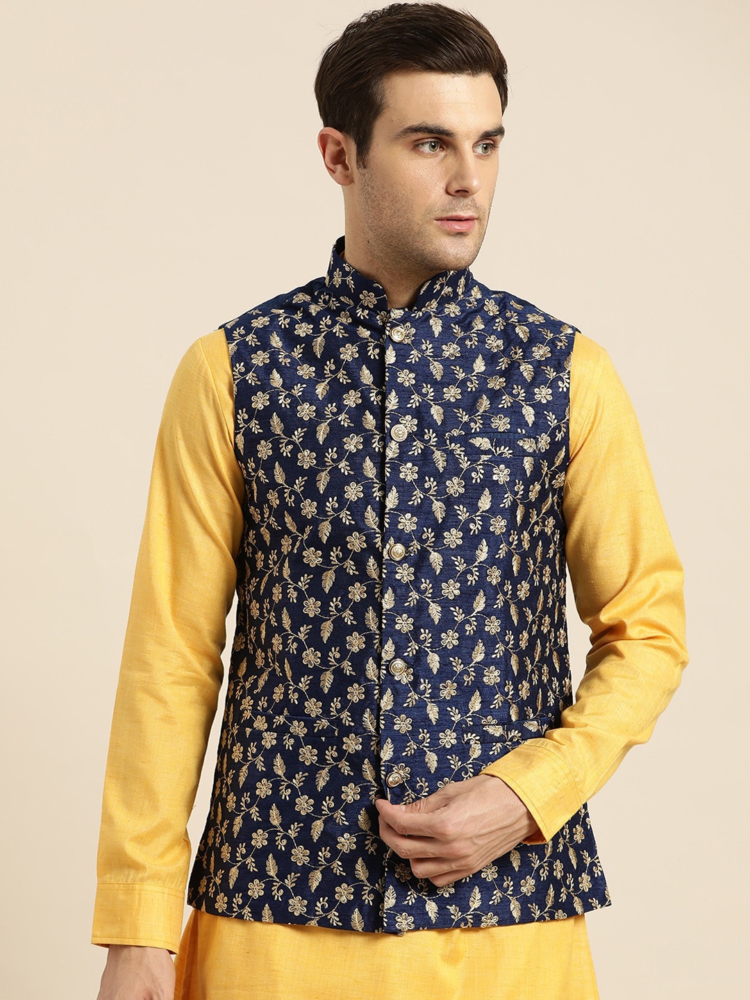 

SOJANYA Men Navy Blue & Gold-Coloured Woven Design Nehru Jackets