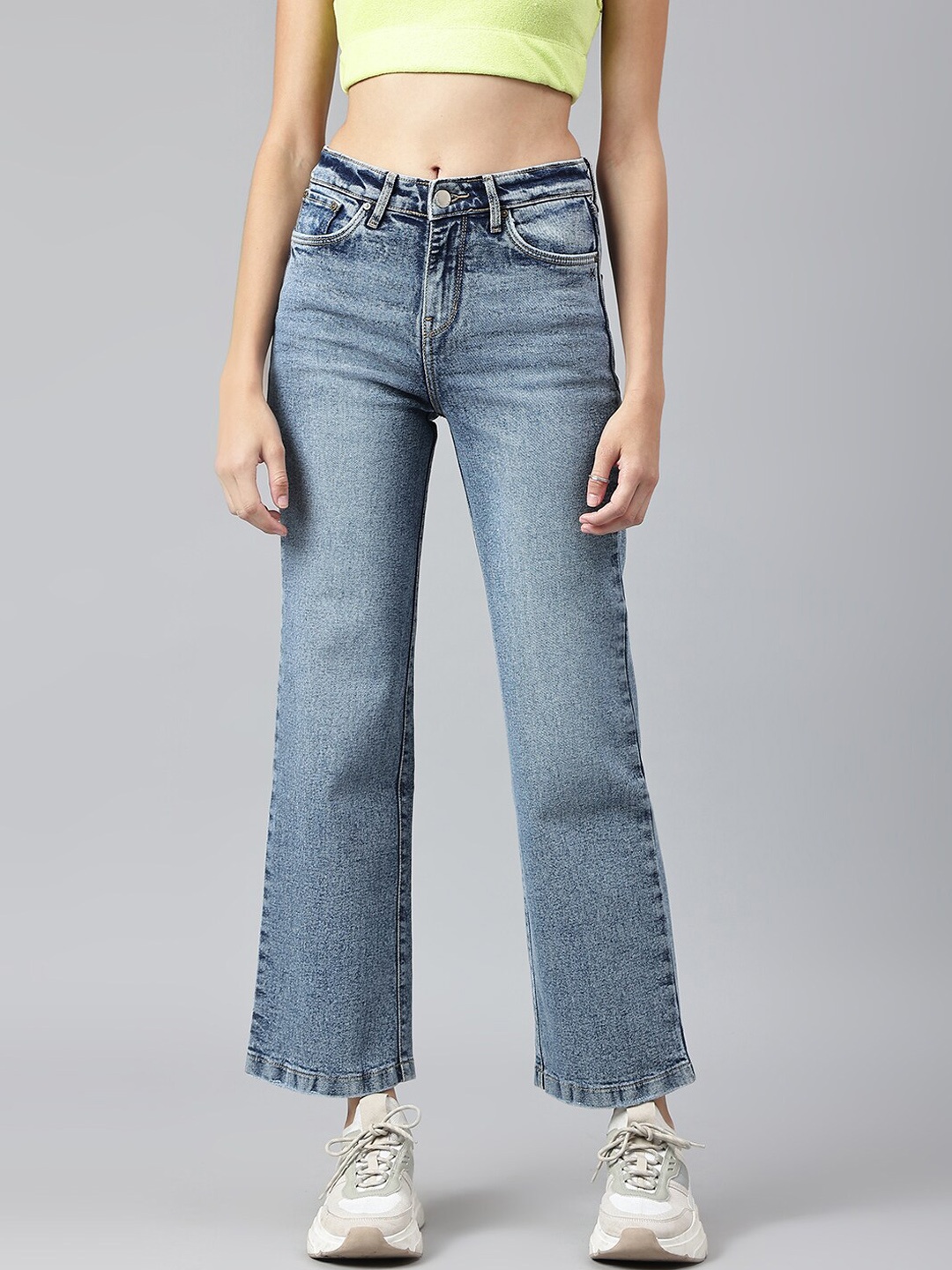 

Xpose Women Blue Comfort Wide Leg High-Rise Heavy Fade Stretchable Crop Jeans
