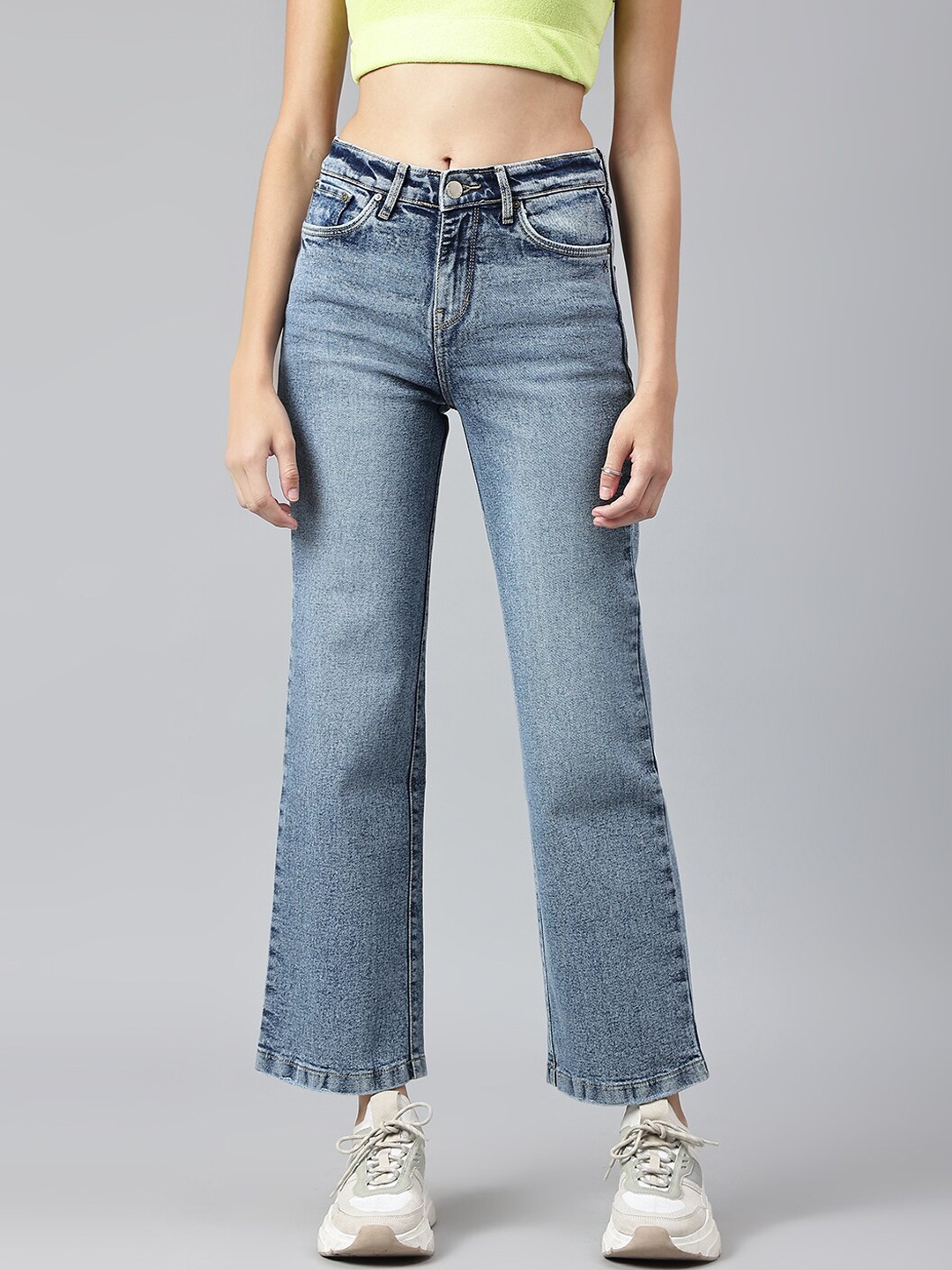 

Xpose Women Blue Comfort Wide Leg High-Rise Heavy Fade Stretchable Jeans