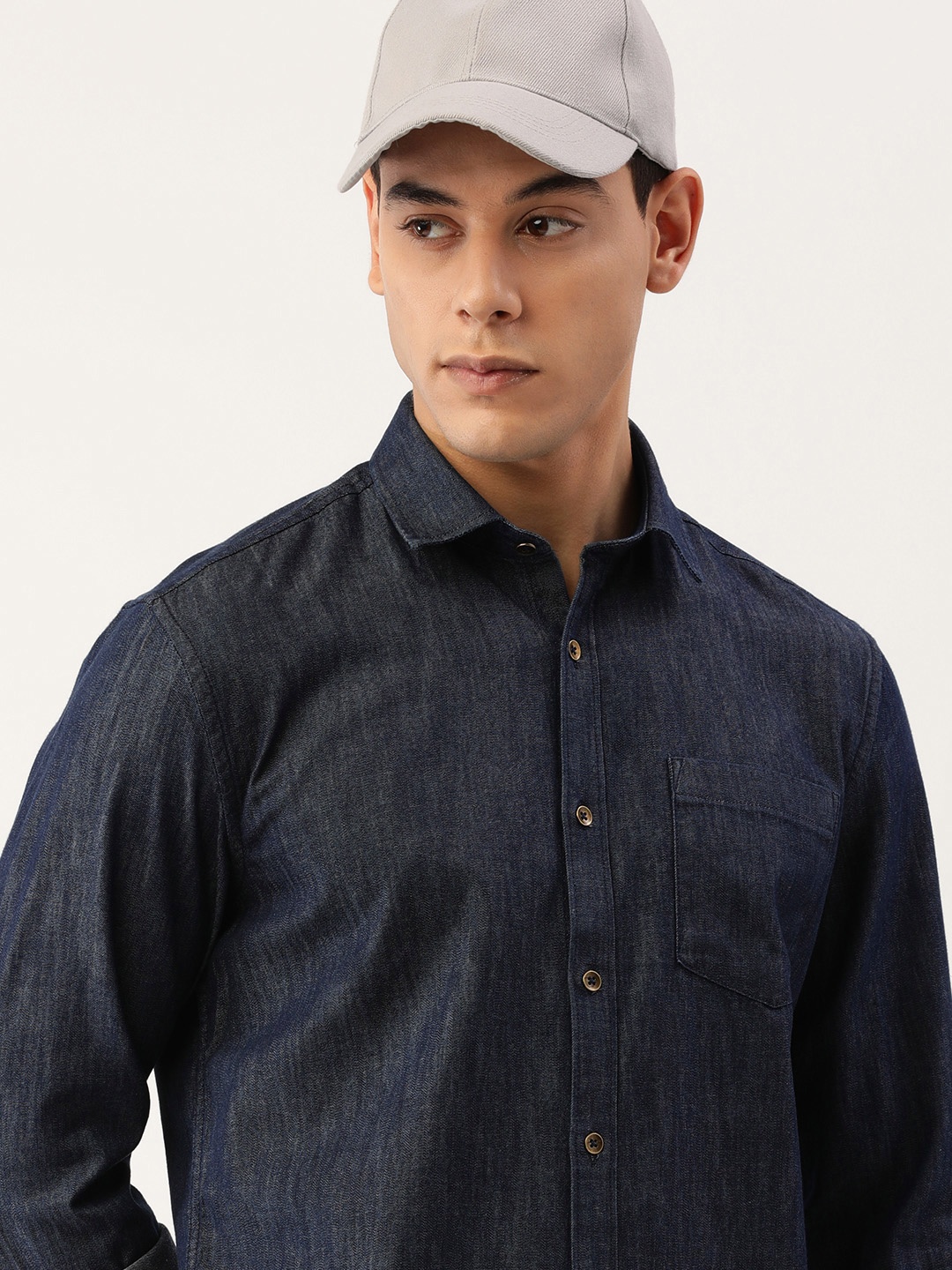 

IMYOUNG Men Navy Blue Casual Denim Shirt