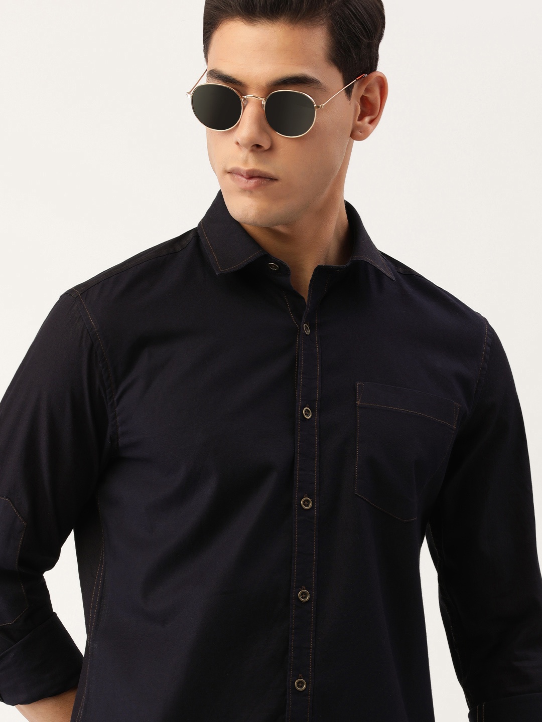 

IMYOUNG Men Navy Blue Casual Denim Shirt