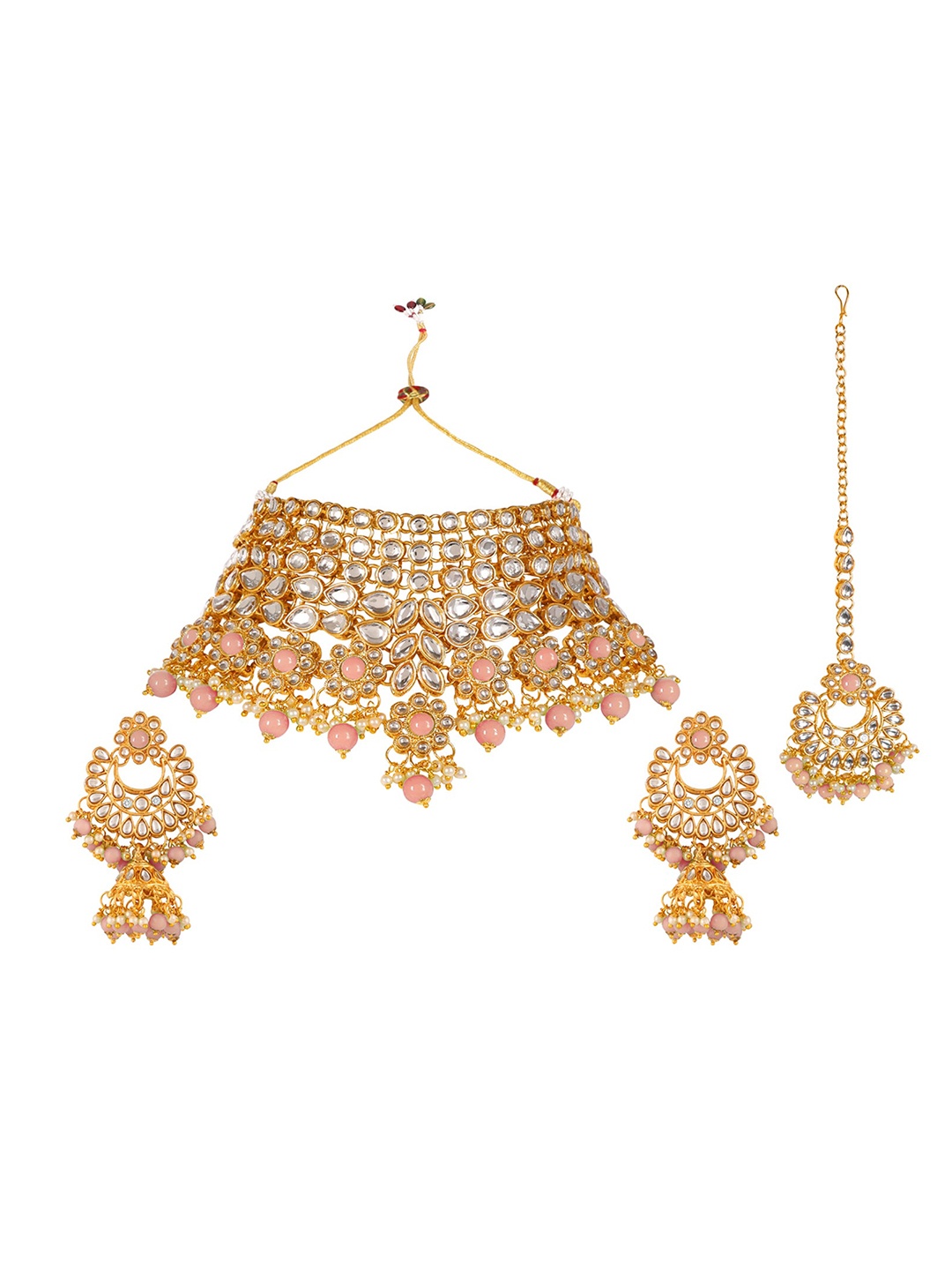 

SAIYONI Gold-Plated White & Peach-Coloured Kundan-Studded & Pearl Beaded Jewellery Set