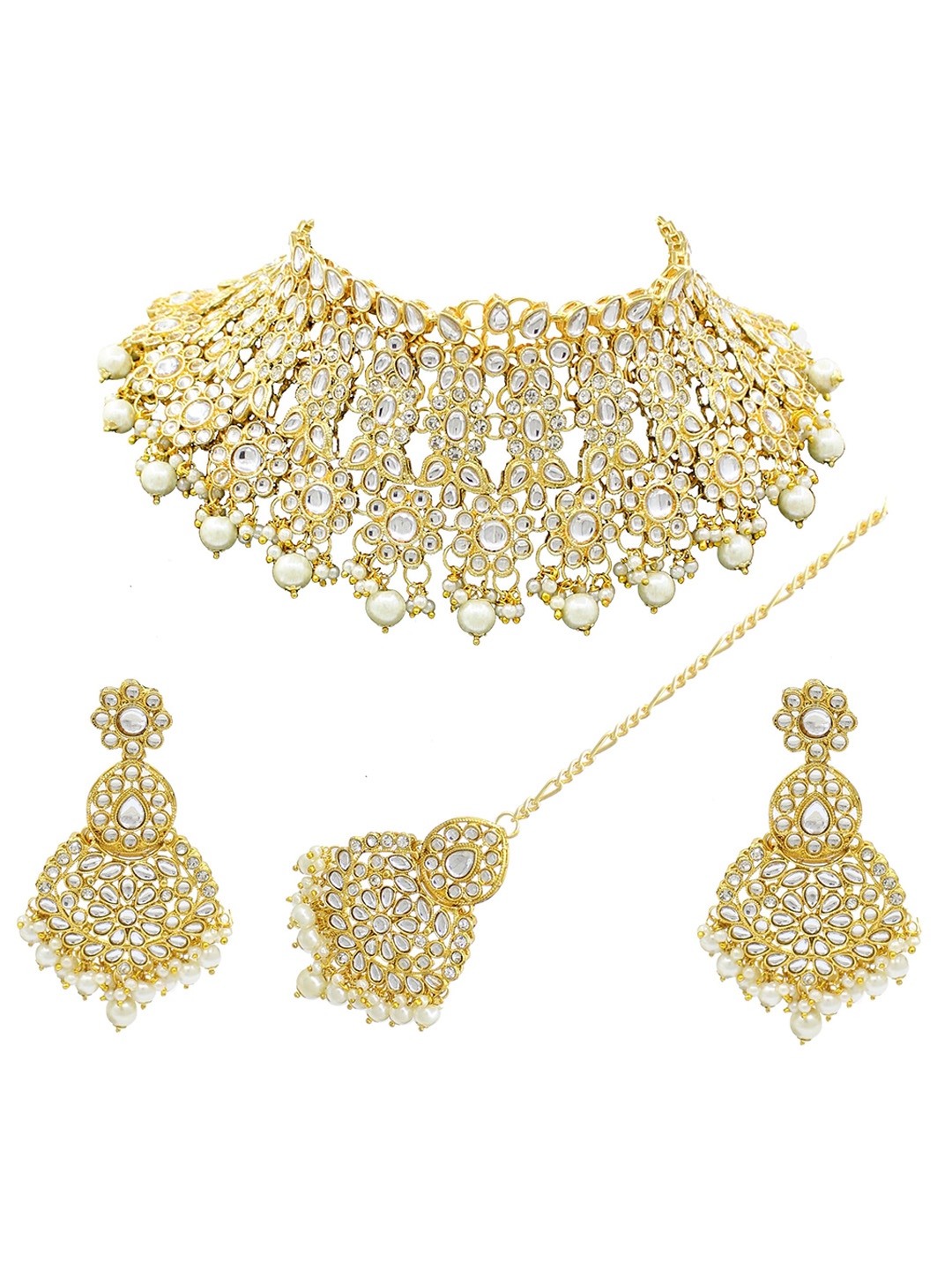 

SAIYONI Gold-Plated White Kundan-Studded & Pearl Beaded Jewellery Set