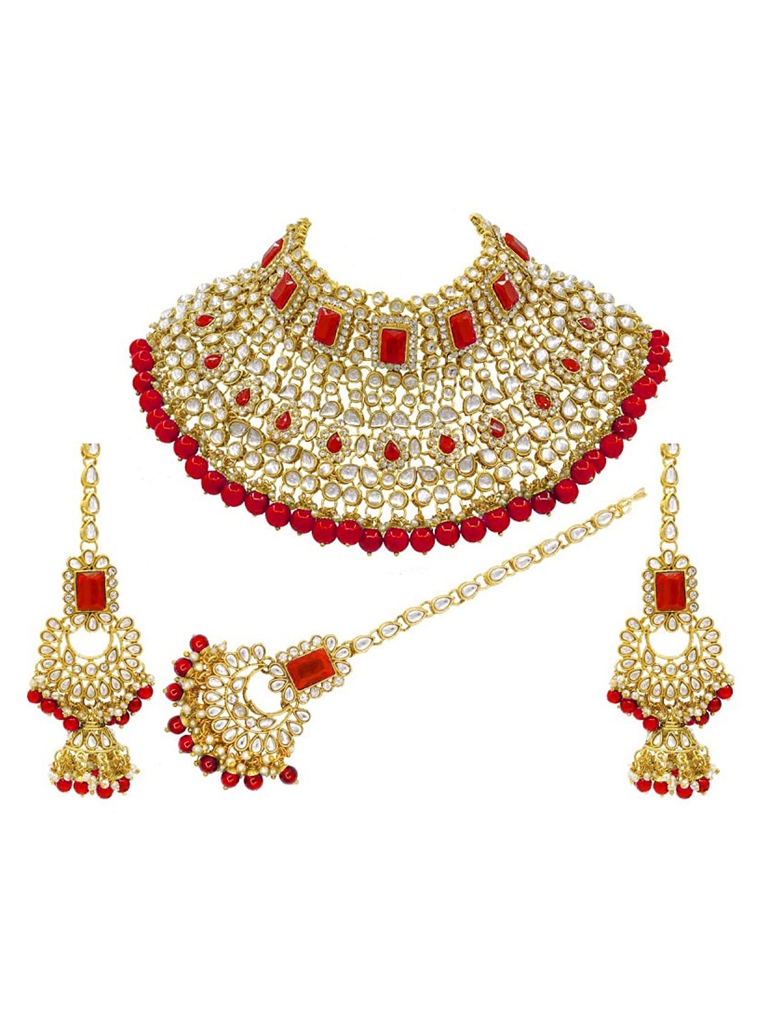 

SAIYONI Gold-Plated White & Red Kundan-Studded & Pearl Beaded Jewellery Set