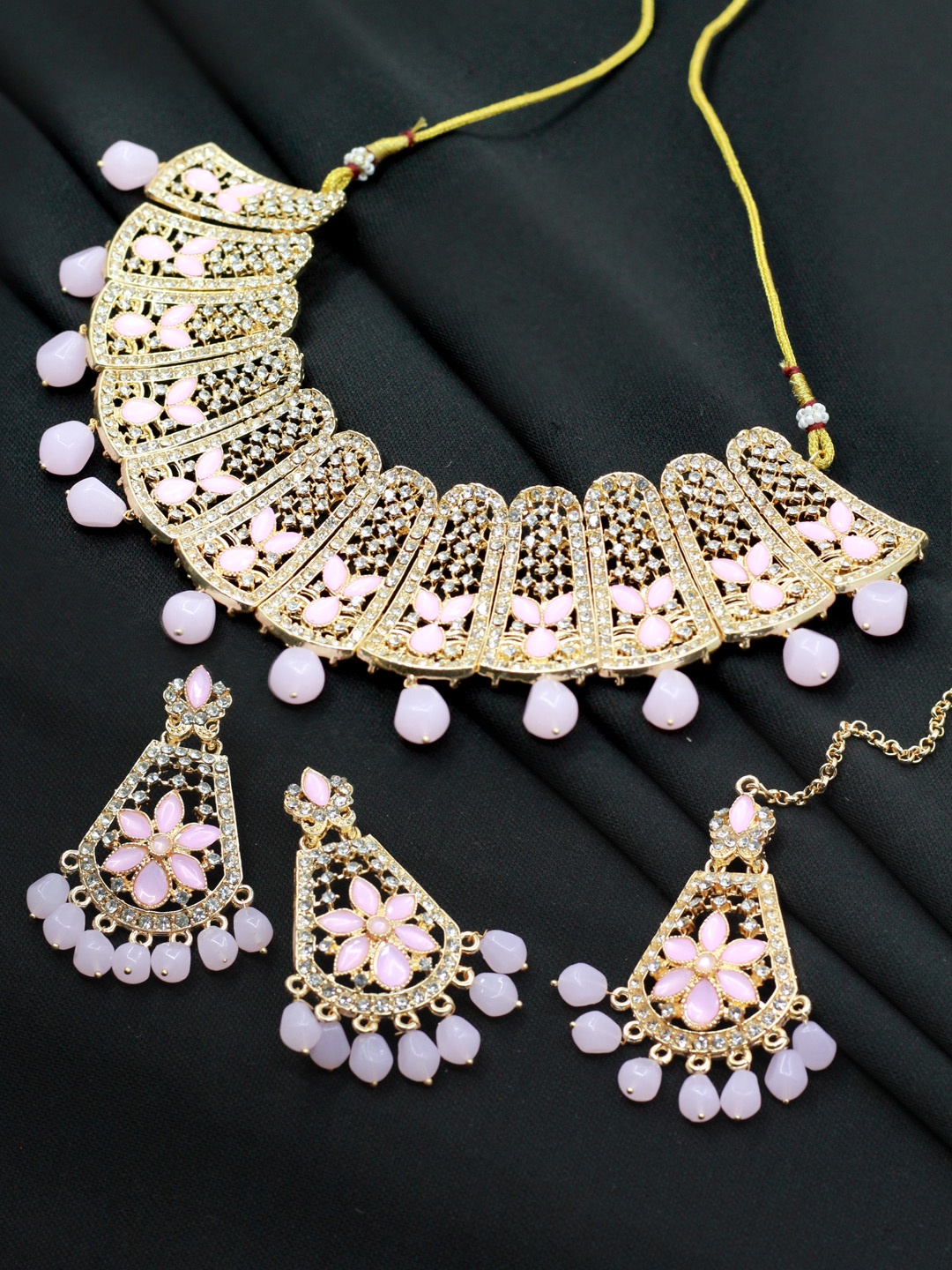 

SAIYONI Rose Gold-Plated Pink Austrian Diamond Choker Jewellery Set