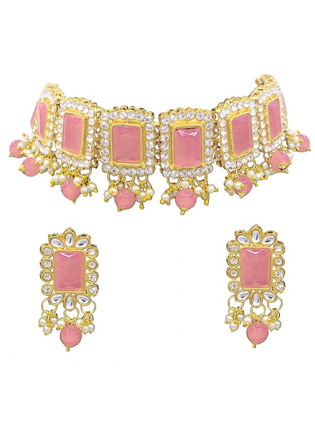 

SAIYONI Gold-Plated White & Peach-Coloured Kundan-Studded & Pearl Beaded Jewellery Set