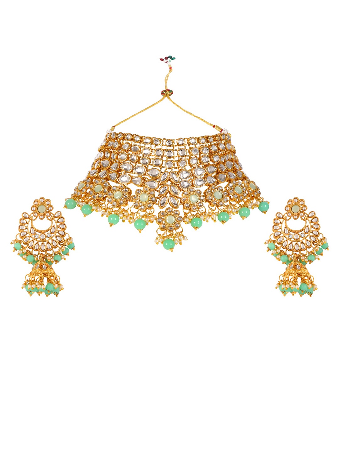 

SAIYONI Gold-Plated Mint-Green & White Kundan-Studded Jewellery Set