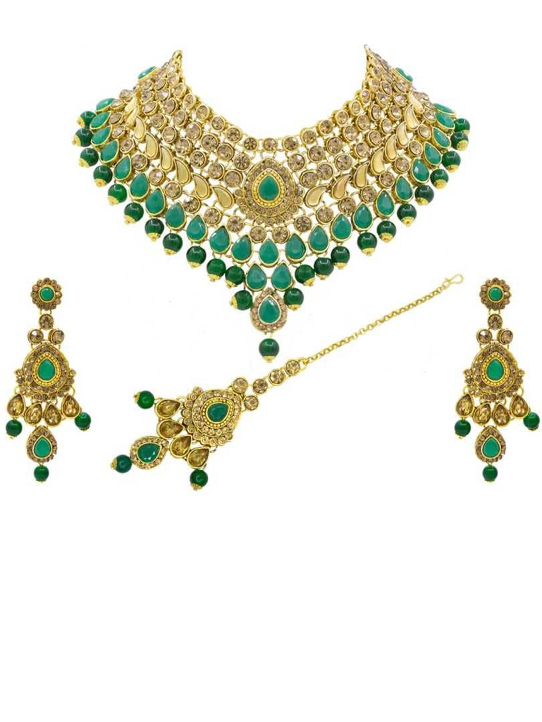 

SAIYONI Gold-Plated Green Stone Studded Jewellery Set