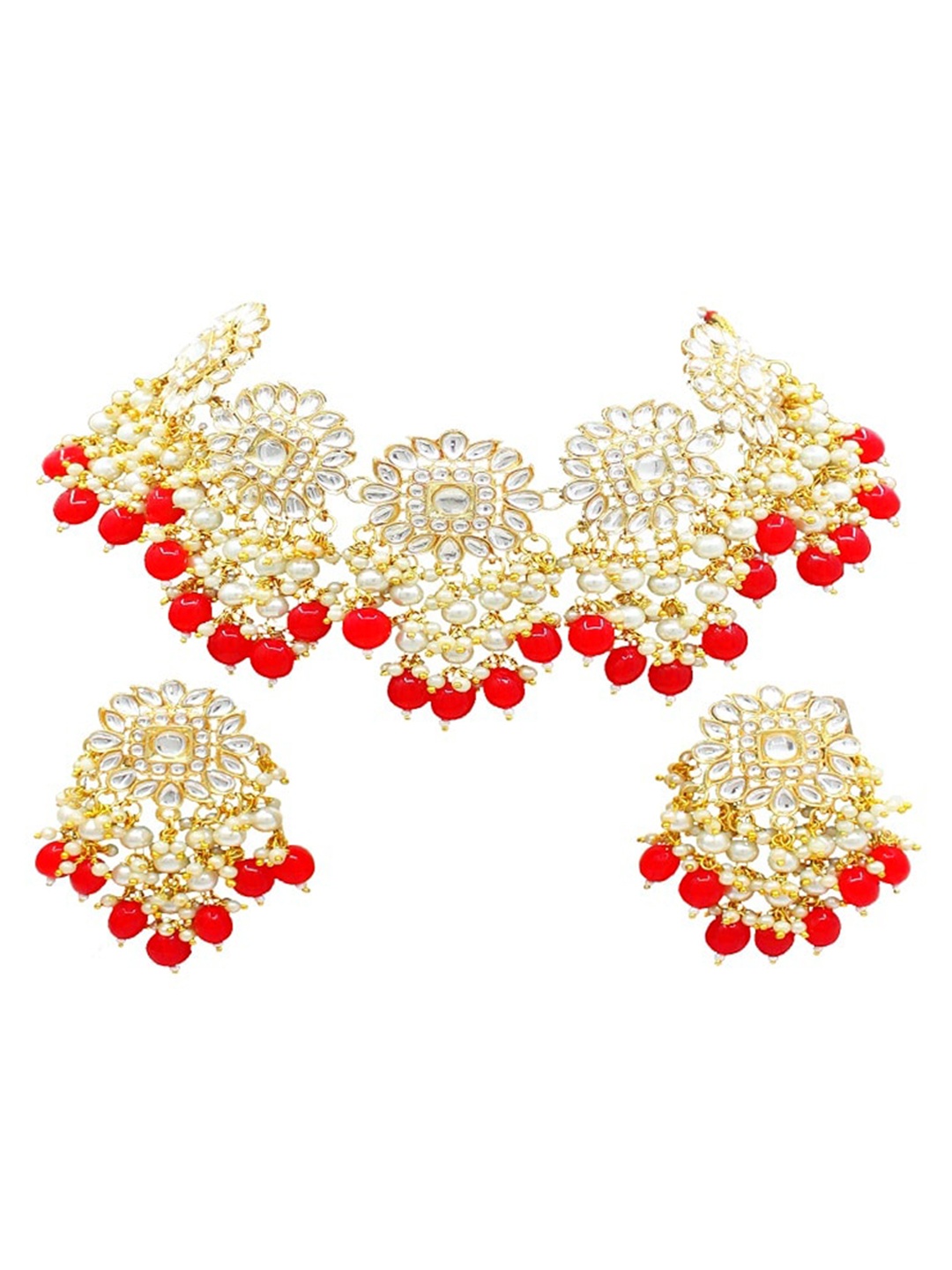 

SAIYONI Gold-Plated Red Kundan Studded & Pearl Beaded Jewellery Set