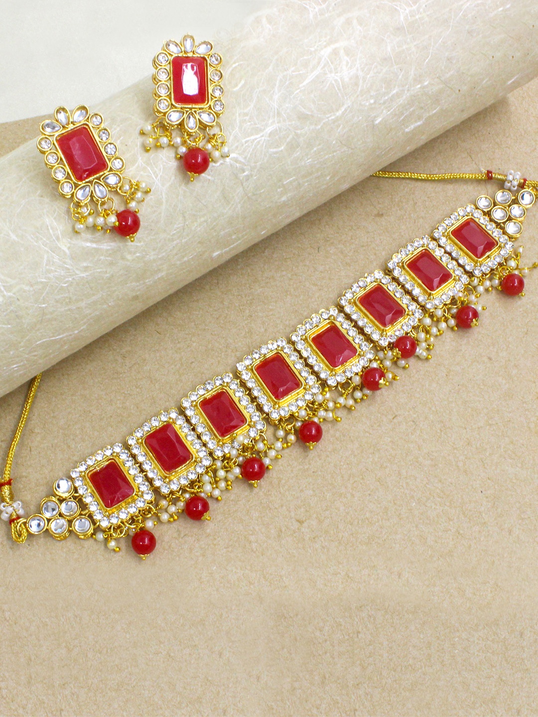 

SAIYONI Gold-Plated Red Kundan Studded Jewellery Set