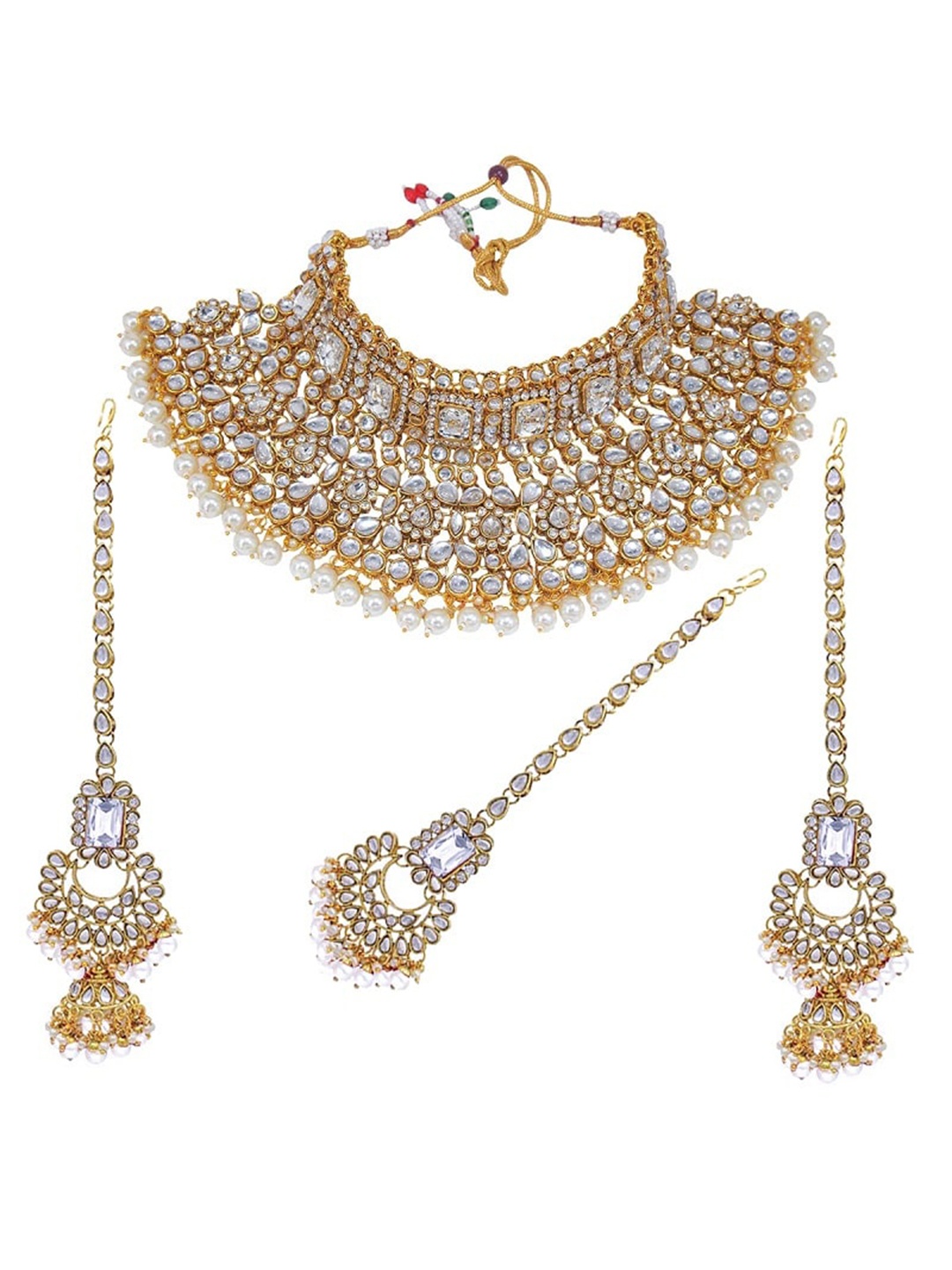 

SAIYONI Gold-Plated White Kundan Studded & Beaded Choker Jewellery Set