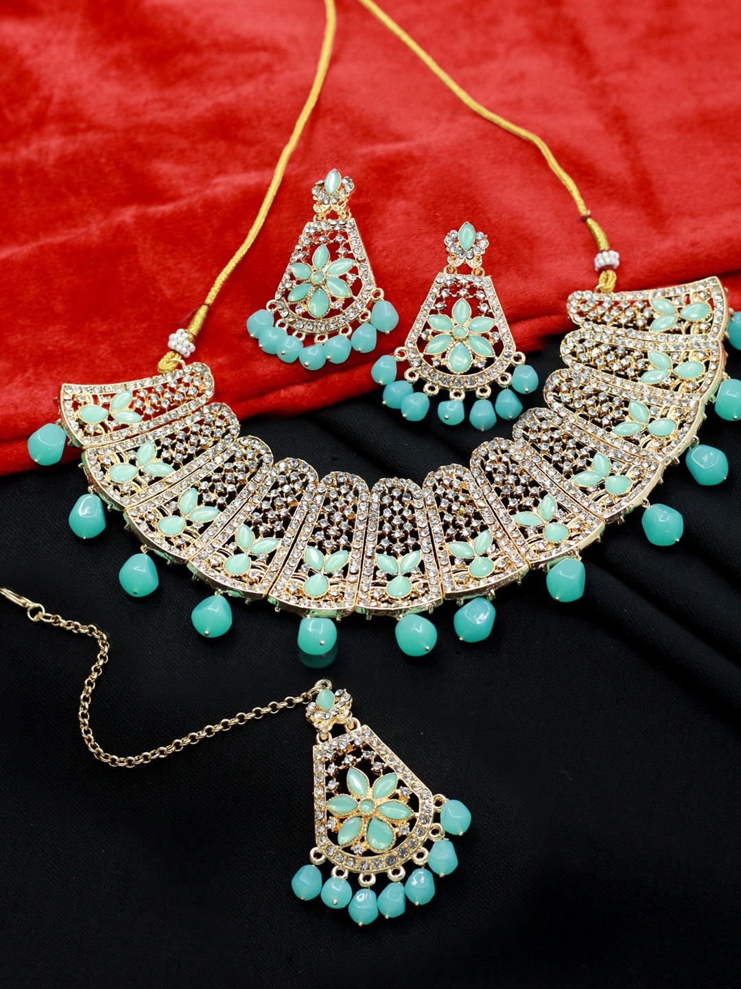 

SAIYONI Rose-Gold Plated Blue Diamond Studded Choker Jewellery Set