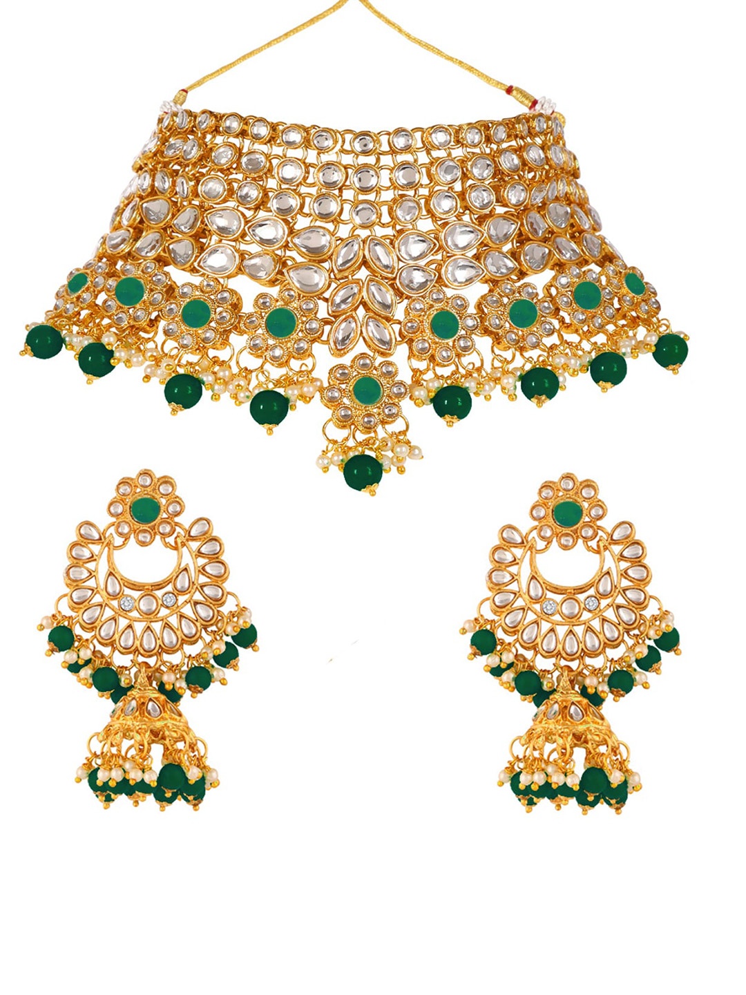 

SAIYONI Gold-Plated Green Kundan Stone Studded & Beaded Jewellery Set