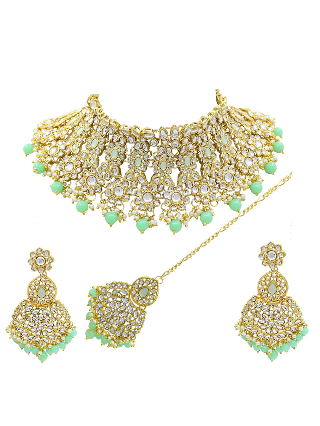 

SAIYONI Gold-Plated Green & White Kundan-Studded Jewellery Set