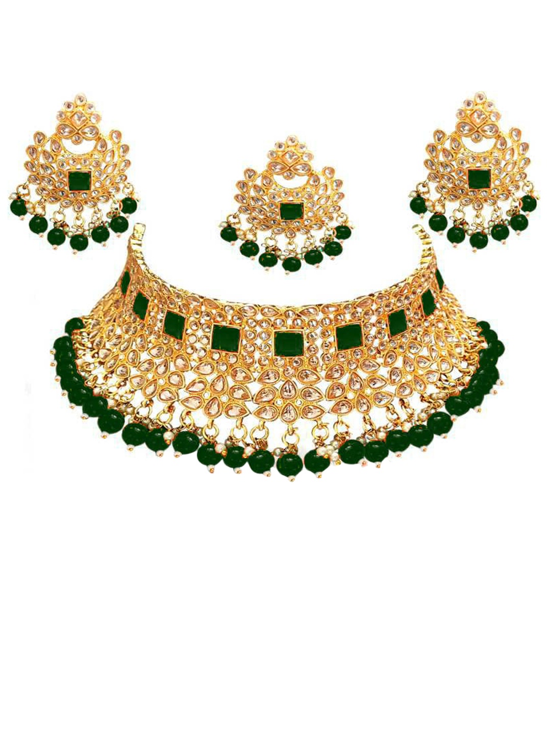 

SAIYONI Gold-Plated Green Kundan Studded Jewellery Set