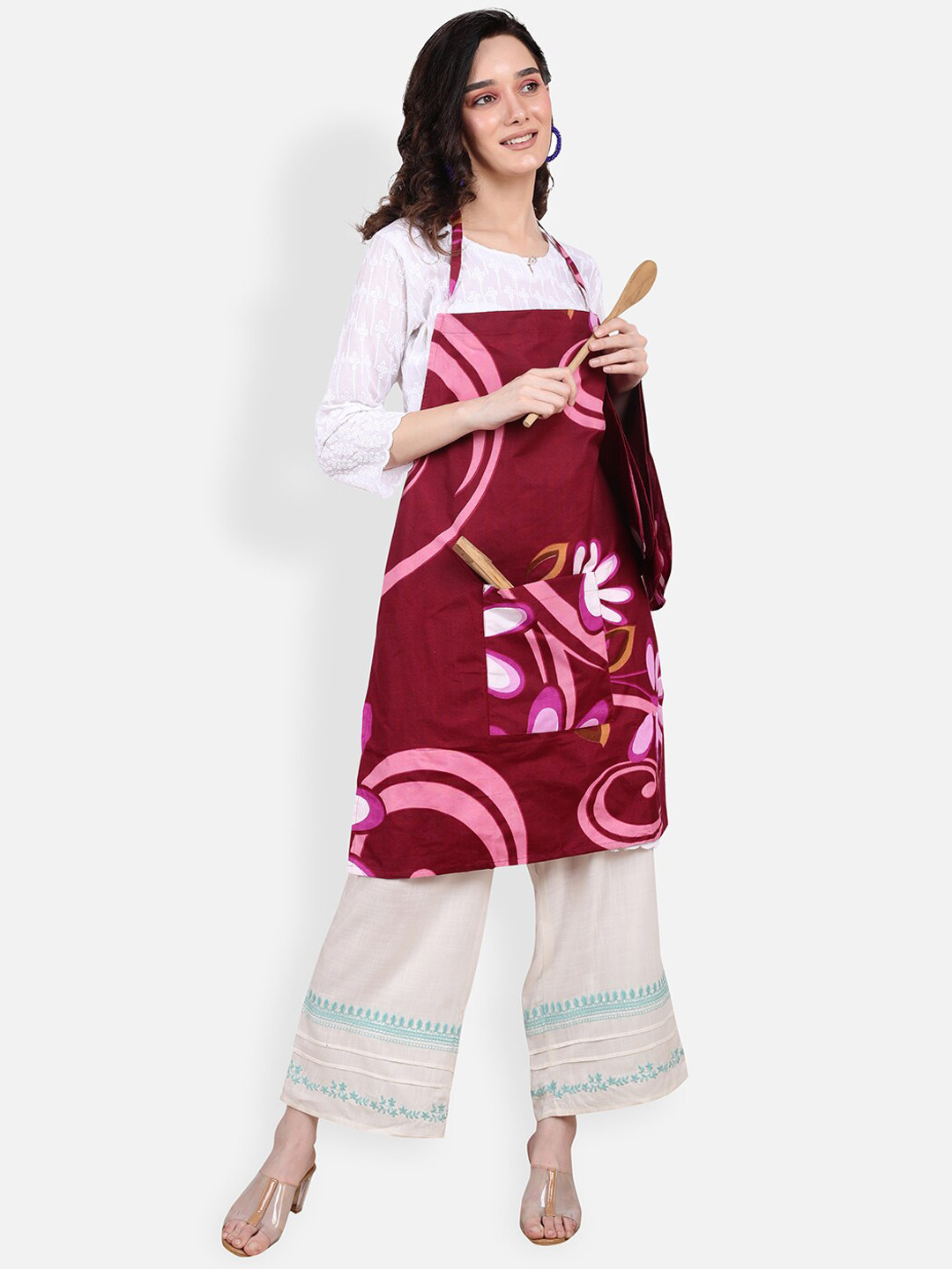 

ROMEE Maroon Floral Printed Apron with Napkin