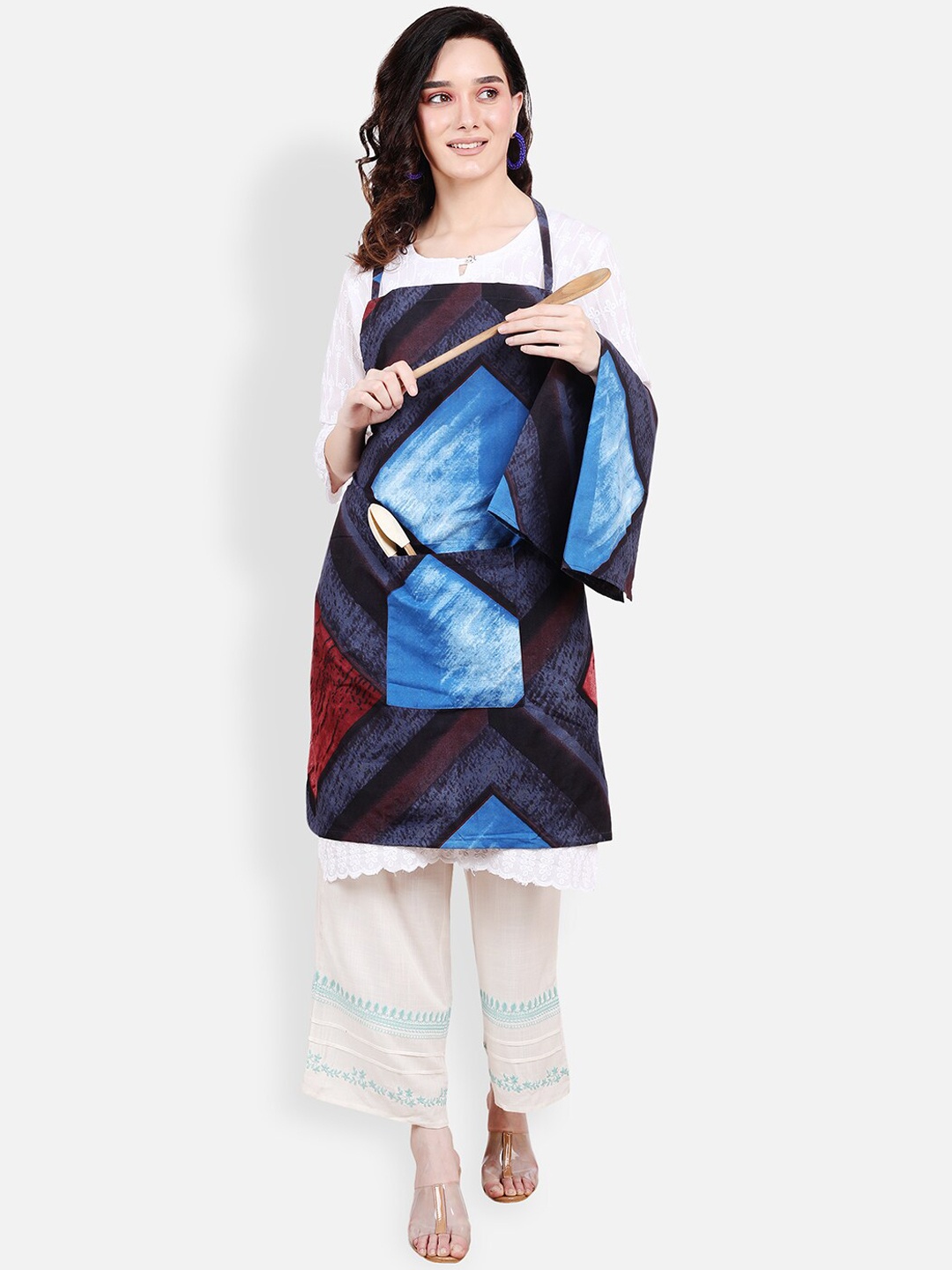 

ROMEE Blue Geometric Printed Cotton Kitchen Apron with Napkin