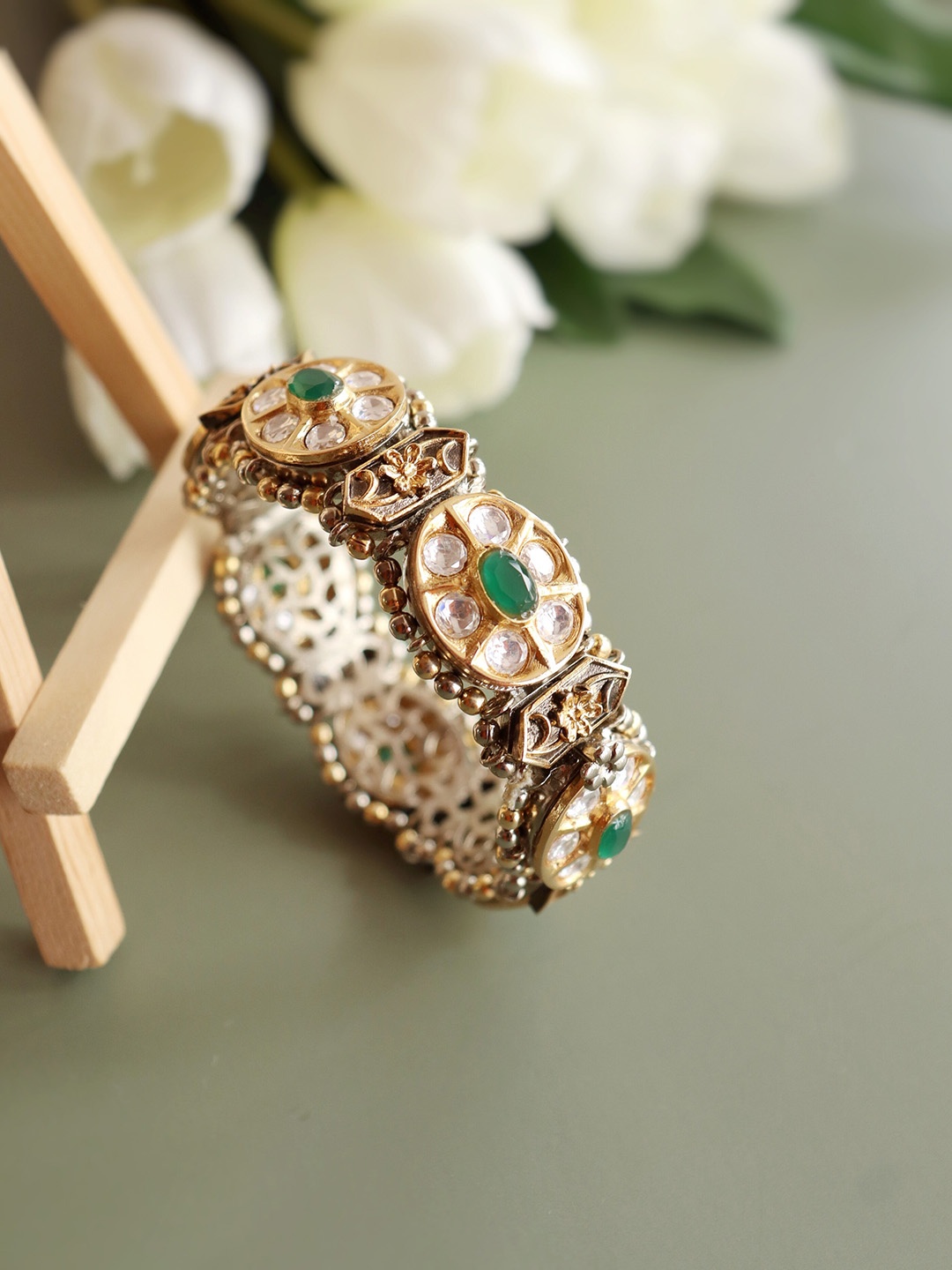 

CURIO COTTAGE Gold-Plated Kundan & Green Stone Studded Bangles