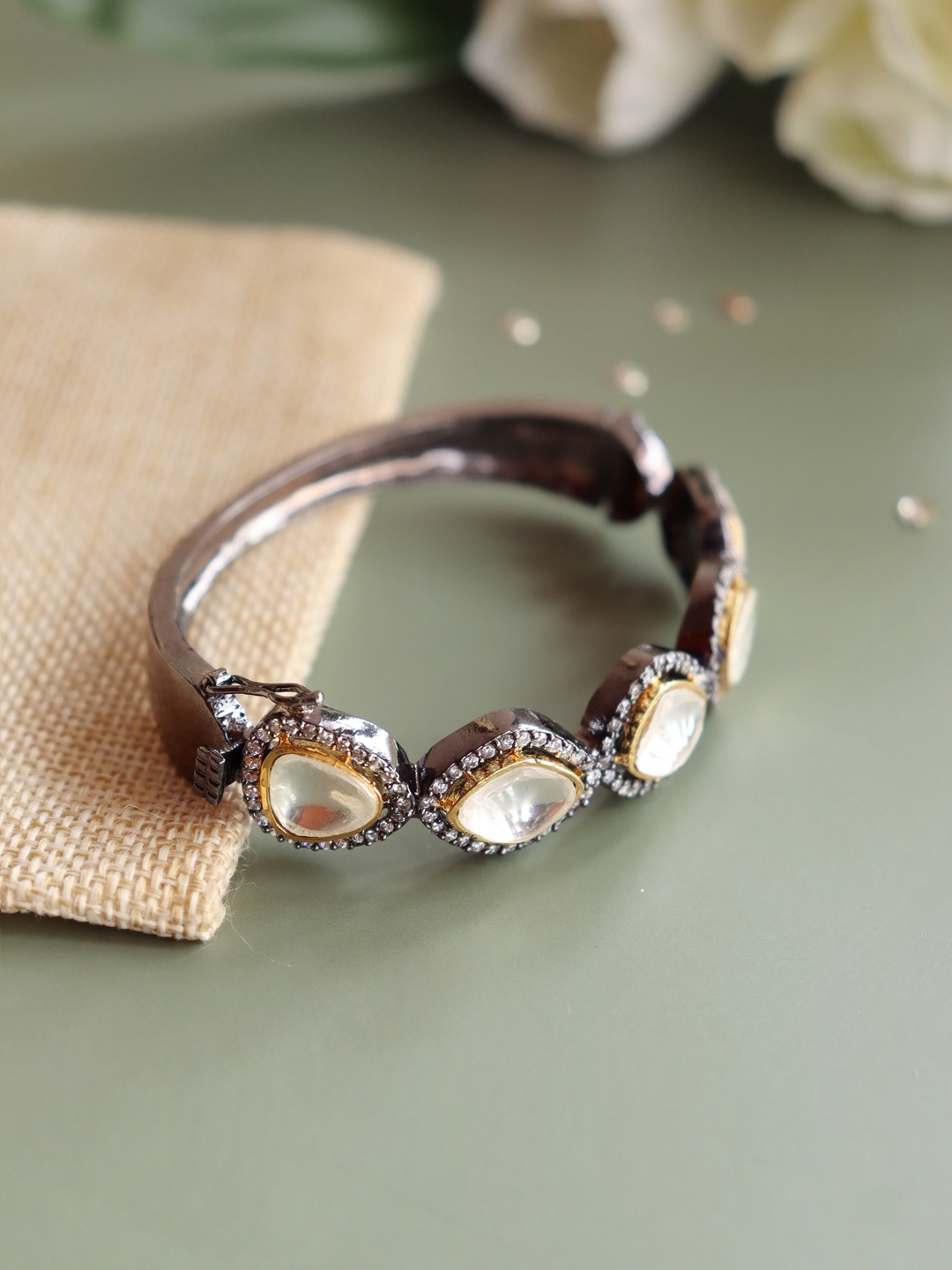 

CURIO COTTAGE Rhodium -Plated Kundan & Black Studded Bangles