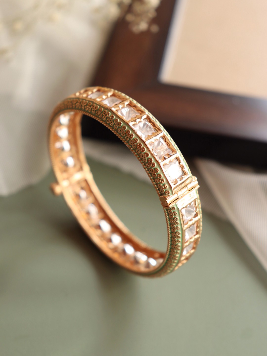 

CURIO COTTAGE Gold-Plated Kundan & Green Enameled Studded Bangles