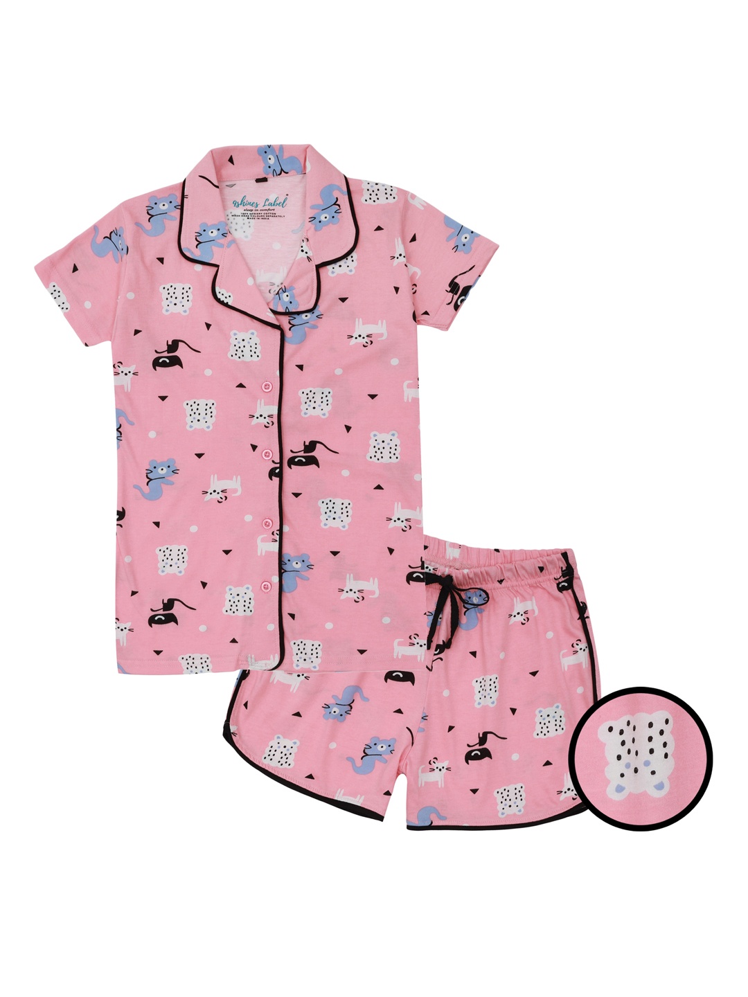 

9shines Label Girls Peach-Coloured & Black Printed Night suit